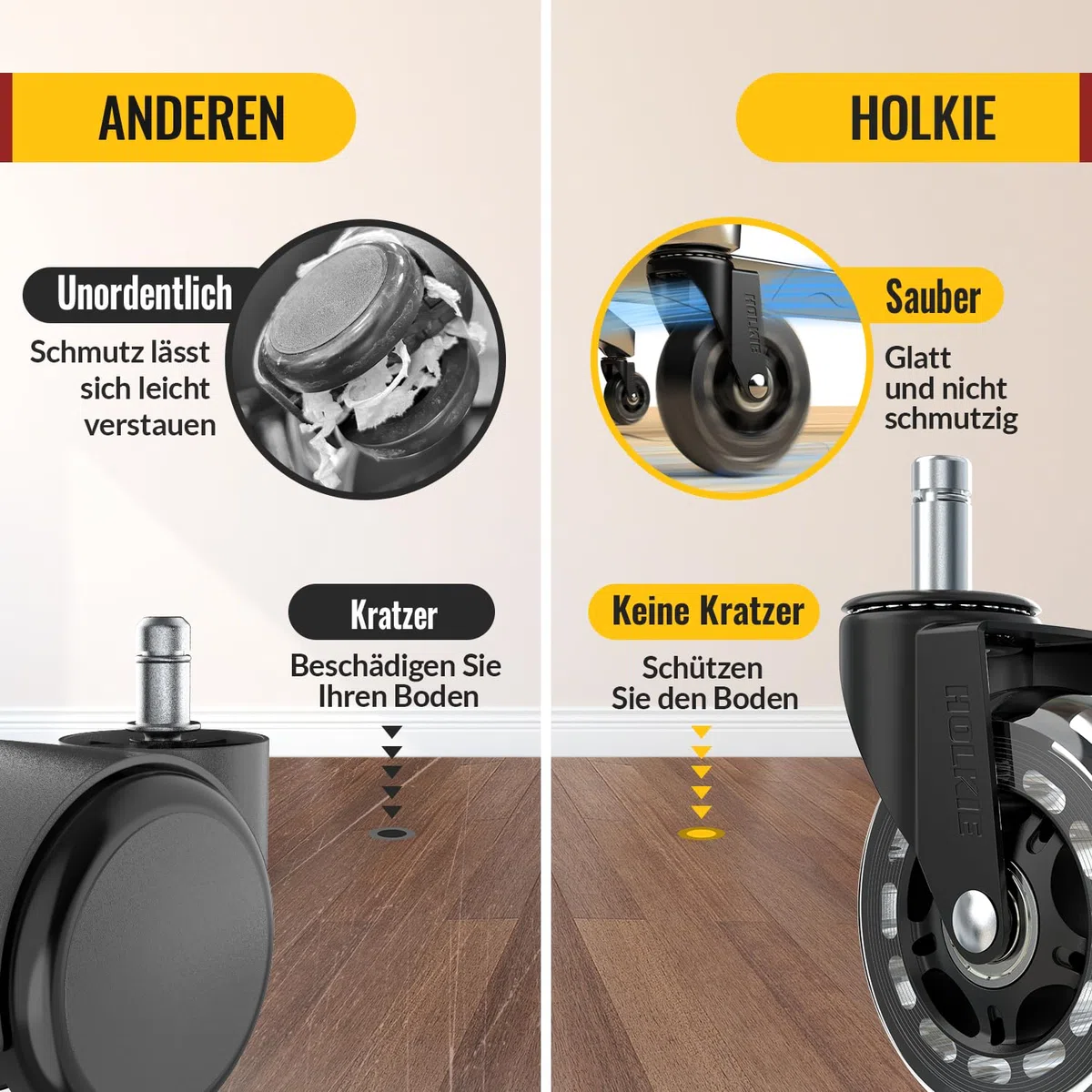 HOLKIE Bürostuhl Rollen für Bürostühle 5er-Set für Parkett Hartbodenrollen Boden 11x22 mm Transparent Schreibtischstuhl Gummirollen für Stühle als Computer-Gaming-Stuhl Bürostuhlrollen Sehr Leise
