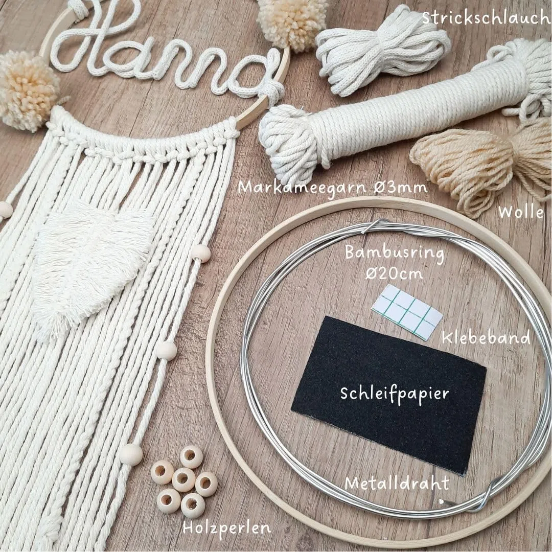 Makramee Namensring - einfaches, anfängerfreundliches Bastelset mit Videoanleitung - Baby Geschenk Geburt - Traumfänger Bastelset, Taufgeschenk, Makramee Set, Türschild, Deko Kinderzimmer