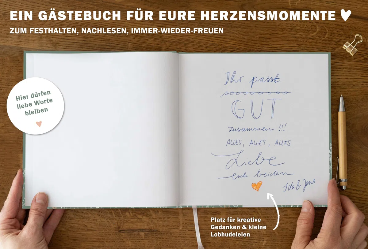 Eine der Guten Gästebuch für Hochzeit, Geburtstag, Ferienwohnung, Taufe, blanko Hochzeitsgästebuch Grün, 100 Seiten festes FSC Papier, klimaneutral, Premium Hardcover mit Fadenbindung, 21x21 cm