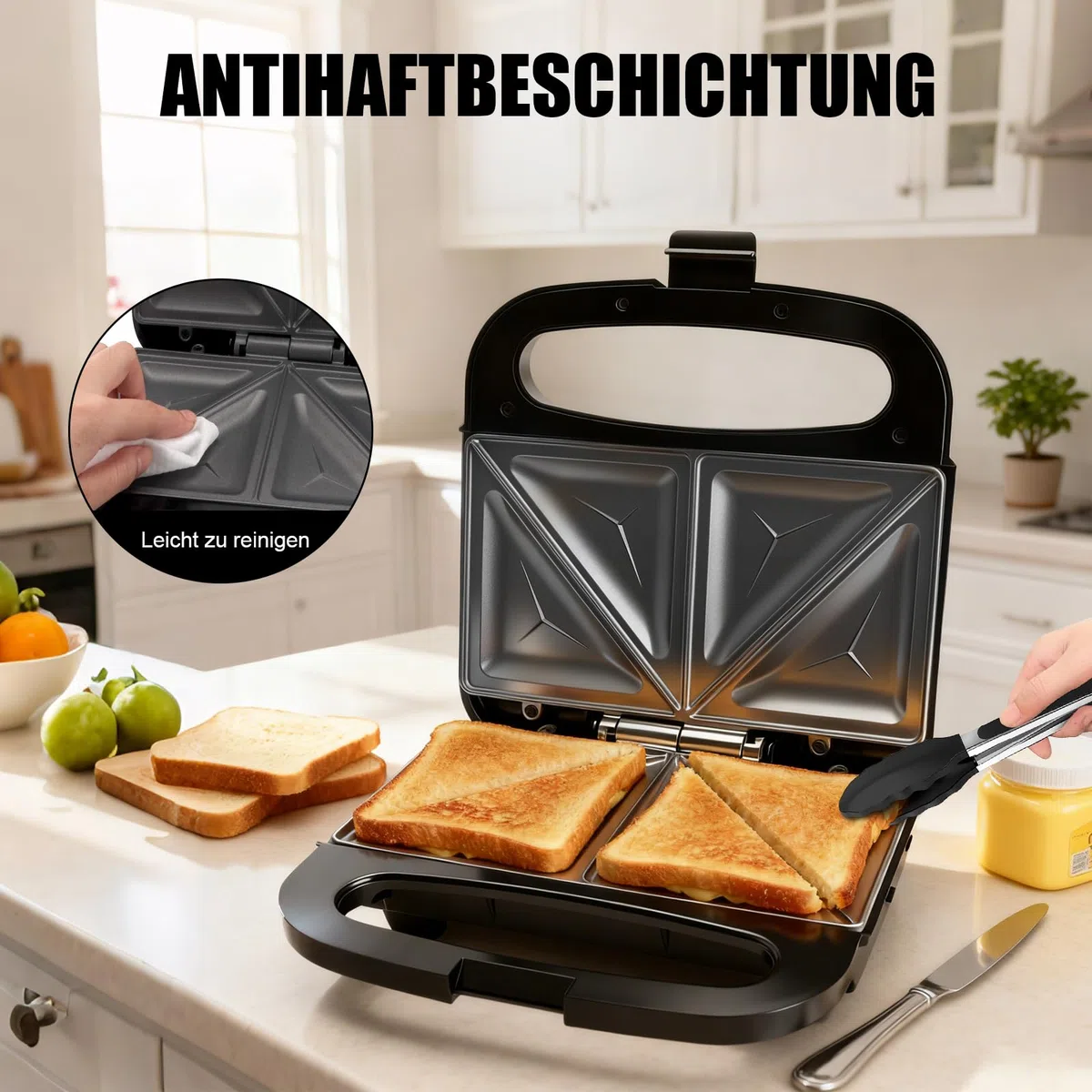 Sandwichmaker, 750W Sandwichtoaster, Antihaft-Beschichtung, Aufwärm-Anzeige, Cool Touch Gehäuse, Ideal für Sandwiches, Pancakes, Omeletts & Steaks