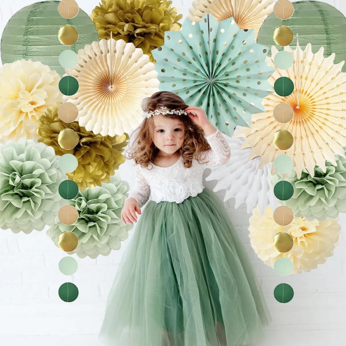 Salbeigrüne Partydekorationen Salbeigrünes Creme Gold Seidenpapier Pom Poms Papierfächer Olive Salbei Gold Kreispunkte Girlande für Salbei Geburtstag Babyparty Verlobung Brautparty Hochzeitsparty