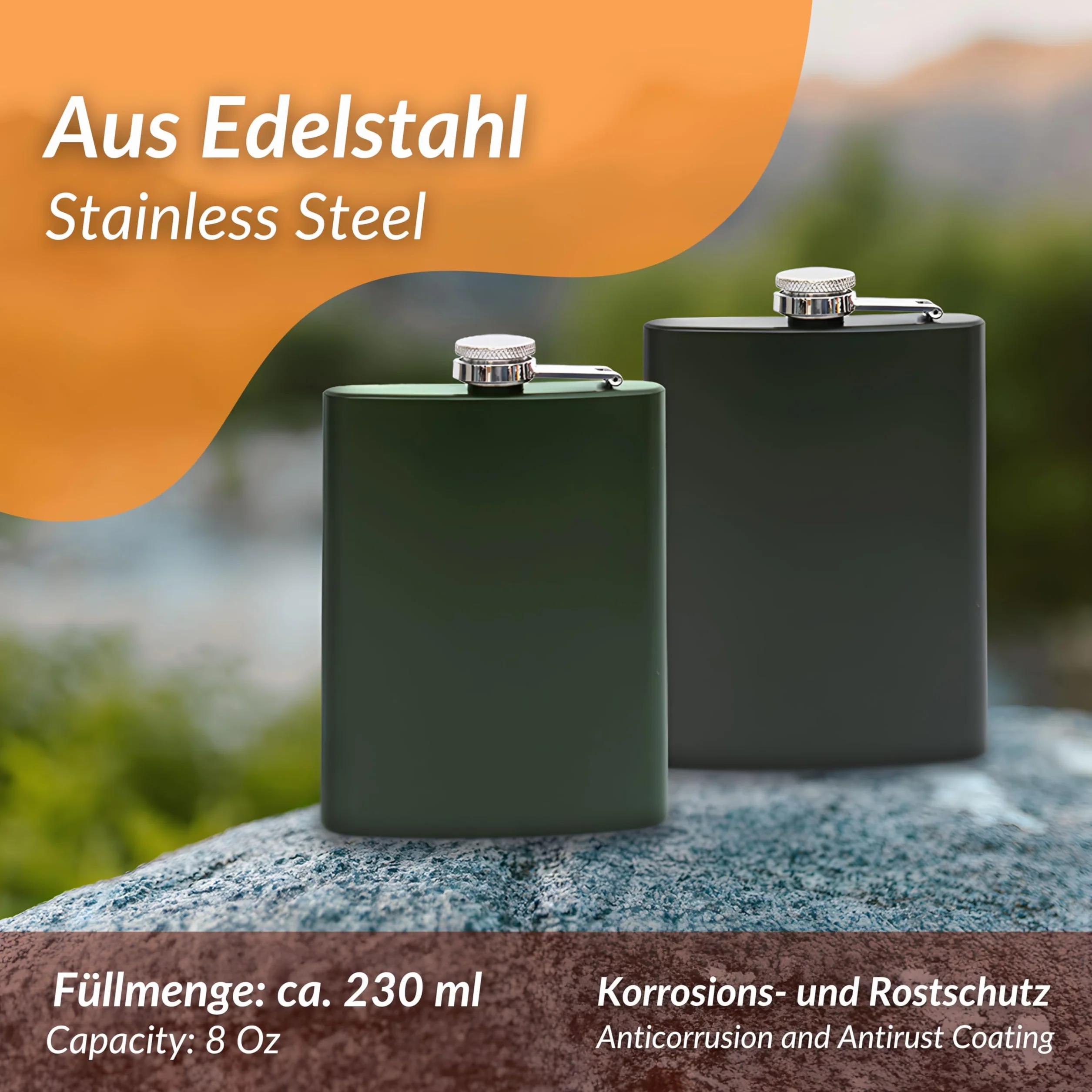 2x Edelstahl Flachmann mit Trichter im Set - 8oz. 227 ml - rostfrei - in Matt-Schwarz und Matt-Grün - edles Militär Design - für Schnaps und Alkohol jeder Art (2er Set)