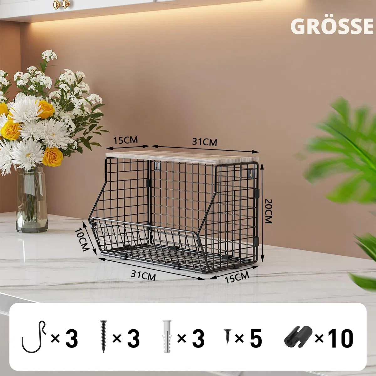WELDUN Obstkorb aus Metall, hängende Obstschale mit Bananenaufhänger, Stapelbar Küchenorganizer, Obstständer Obstregal, Wand Aufbewahrungskörbe für Gemüse, Obst, Brot