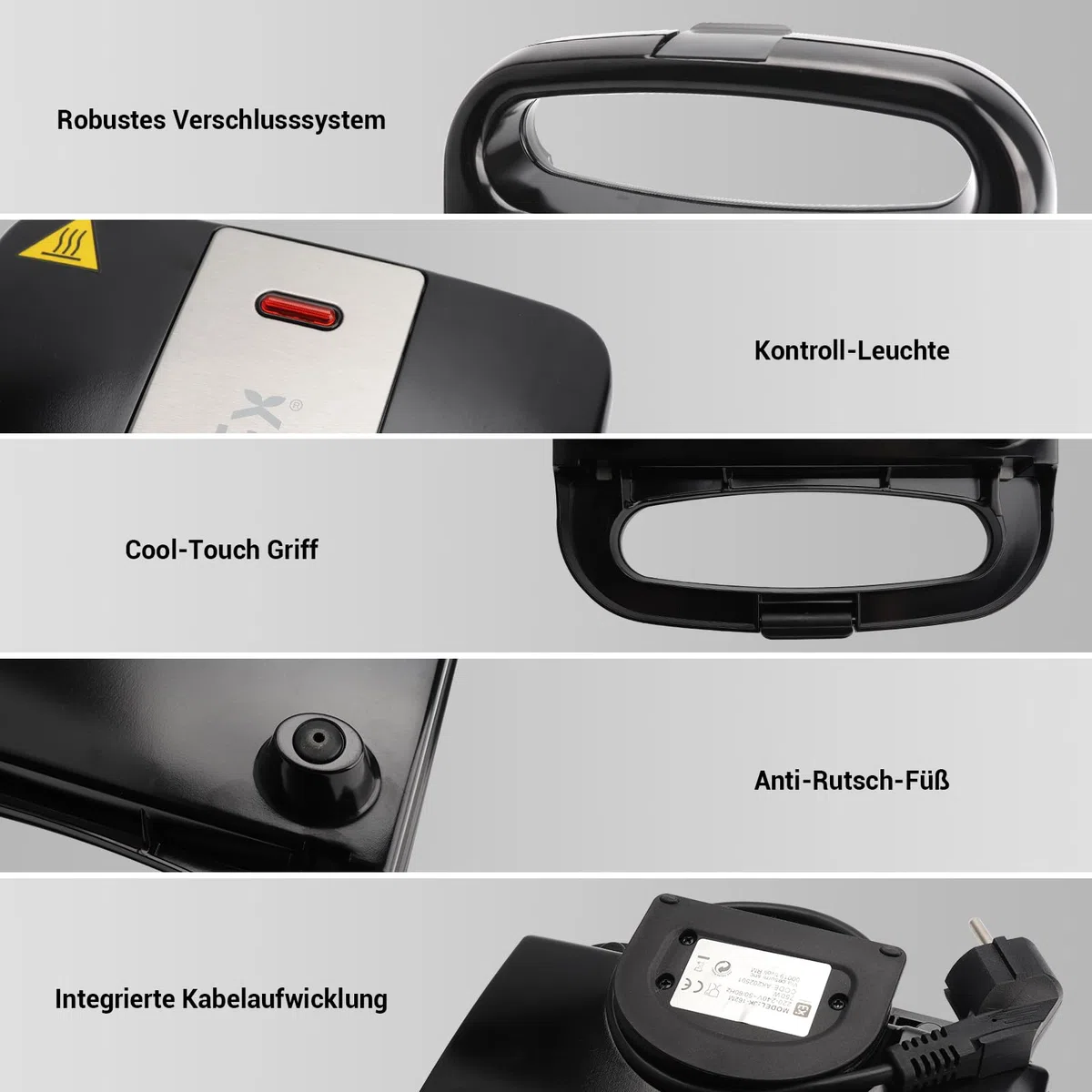Sandwichmaker, 750W Sandwichtoaster, Antihaft-Beschichtung, Aufwärm-Anzeige, Cool Touch Gehäuse, Ideal für Sandwiches, Pancakes, Omeletts & Steaks