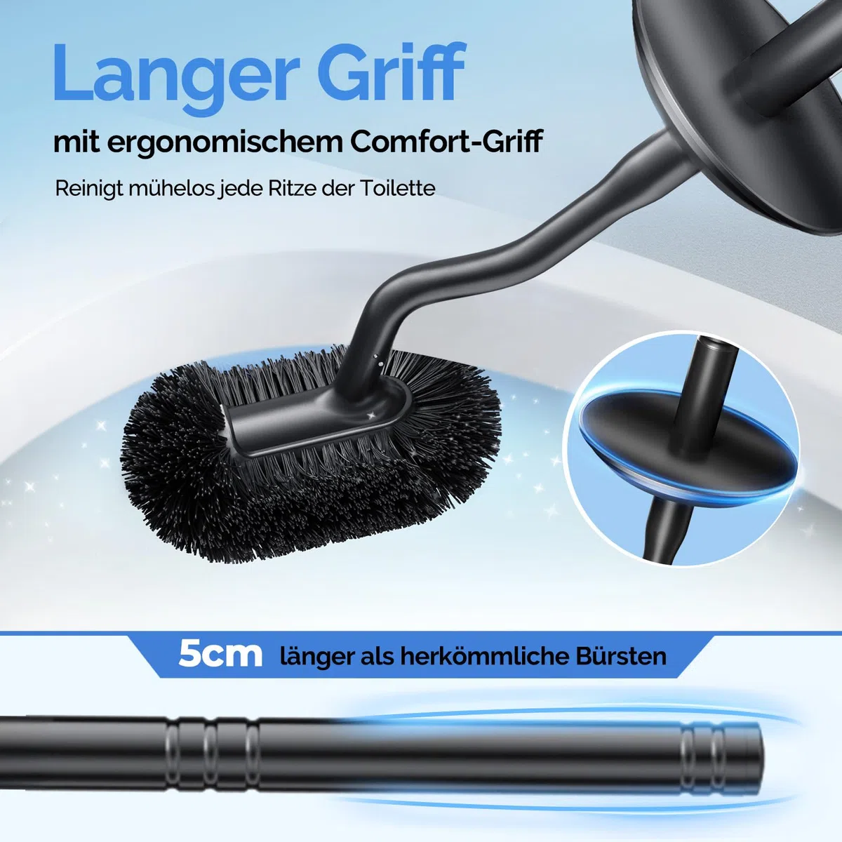HAMITOR Edelstahl Klobürste Set: Toilettenbürste mit Wandmontage Ohne Bohren, WC Bürste für Tiefenreinigung unter dem Rand mit Schnell trocknendem & Abtropf-Halter, Langer Griff im Badezimmer-Schwarz