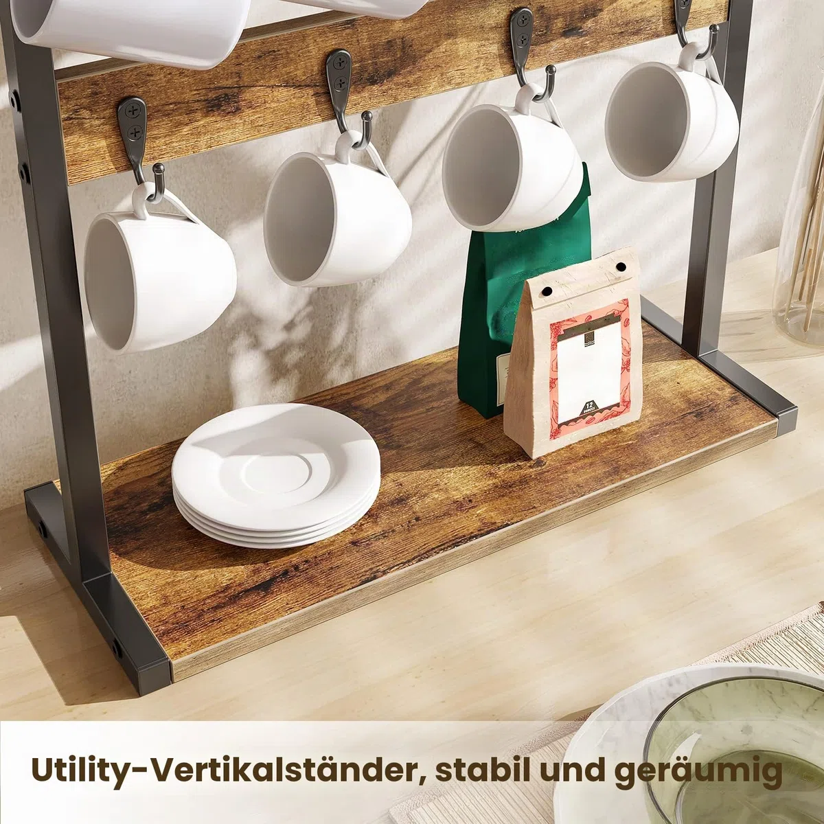 YATINEY Tassenhalter Stand, Tassenregal mit 8 Haken, Tassenständer, Küchenregal, vertikales Lagerregal, Getränkehalter mit Regalen, Displayständer, für Küche, Wohnzimmer, Vintagebraun XMH43BR