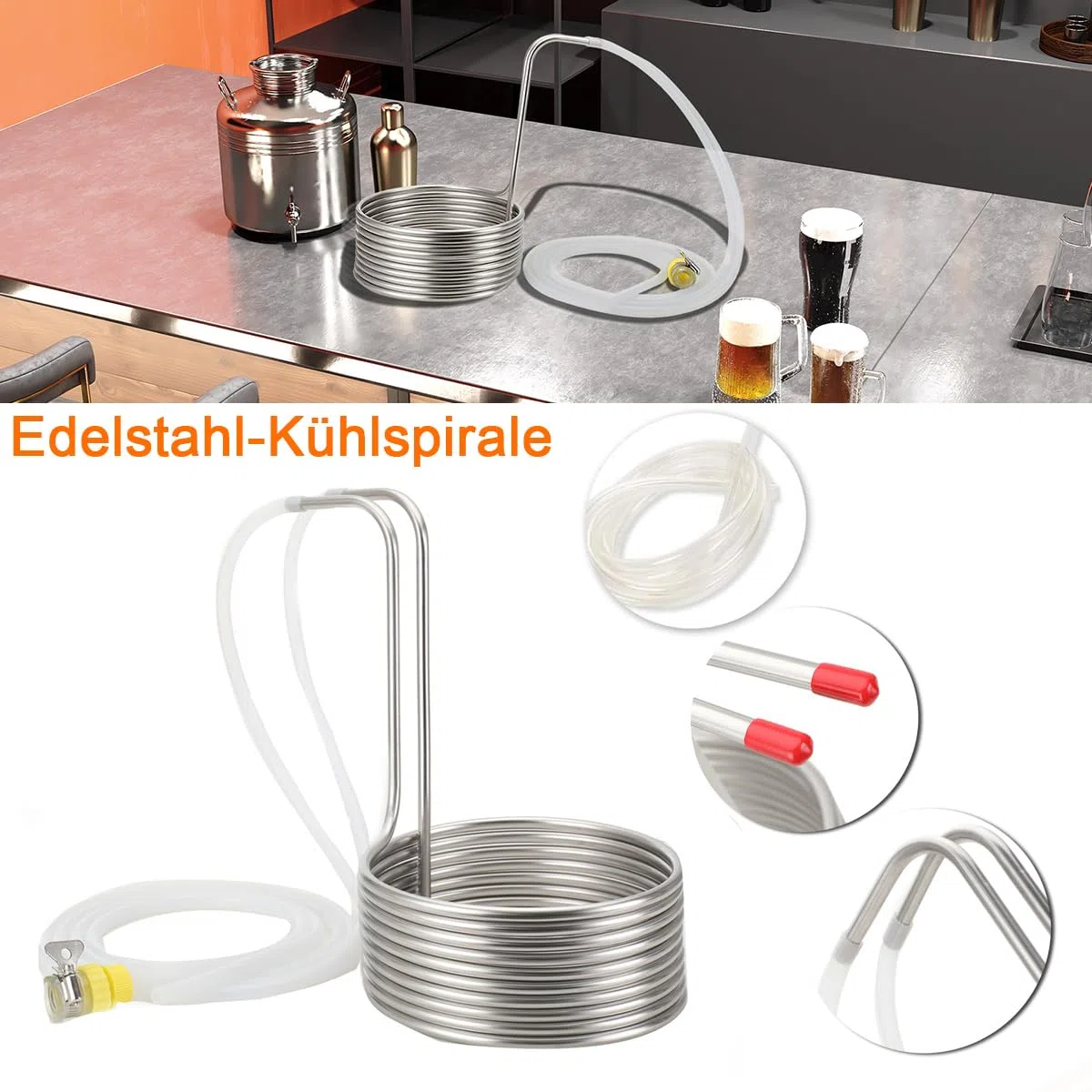 Kühlspirale Eintauchkühler Kühlschlange Maischekühler Kühlspirale Ø 23cm Bier Kühler Kühlrohr Brauerei Bier Kühlschlange Würzekühler Rohr mit 2 * 2m Silikonschläuche, Verbindungsstücke