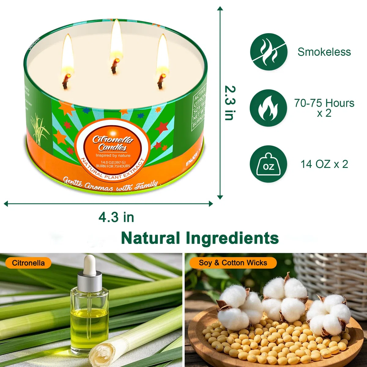 Aottom Citronella Kerze Outdoor groß, 2 x 400g Outdoor Kerzen Natürliche Sojawachs Zitronella Kerze Garten mit 3 Docht Citronella Duft Kerze für Garten | Camping | Picknicks | 160 Stunden Brenndauer