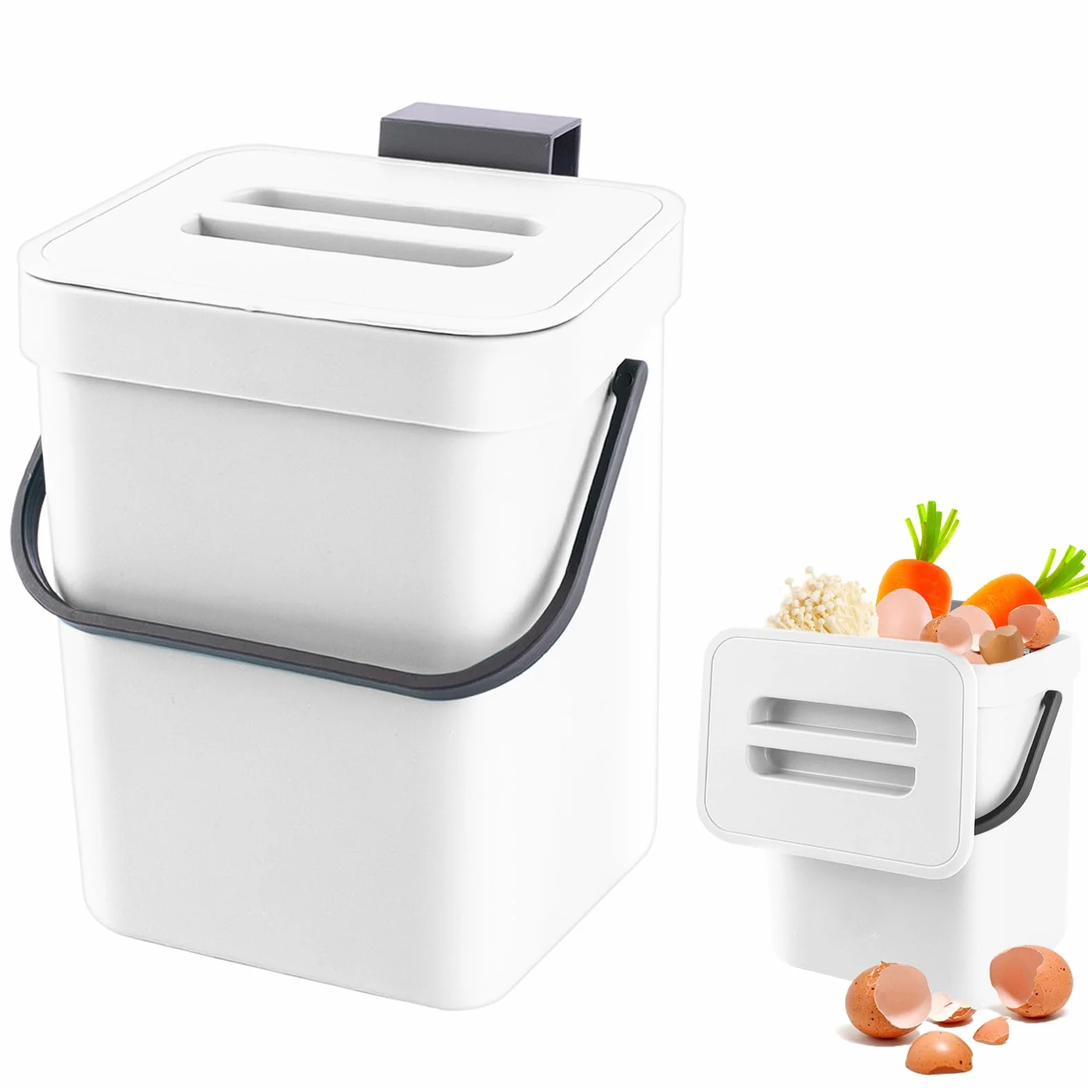 Kleiner Komposteimer für die Küche, Mülleimer, Hängend Biomülleimer, Mülleimer für Arbeitsplatte, Behälter mit Deckel, Komposter, für den Innenbereich, 3 L, Weiß