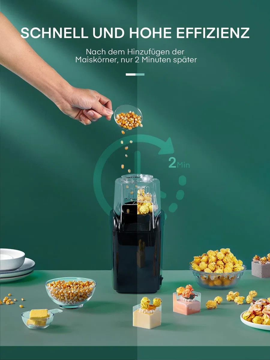 HeißLuft Popcornmaschine,1200W Selbstgemachte Popcorn Maker,Schnelles Popcorn In 2 Minuten,Fett- Und öLfrei,Inkl. MesslöFfel FüR Mais, Kompaktes Design, FüR Heimvideos Und Weihnachtsfeiern, Schwarz