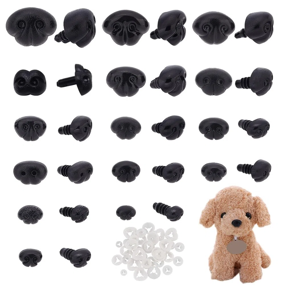 PH PandaHall 120 Stück Schwarze Kunststoffnasen, 15 Größen Sicherheitsnasen mit Abstandhalter Teddybär Nasen zum Basteln Häkeln und Basteln mit Kuscheltieren, Stift: 4.5mm~6.5mm