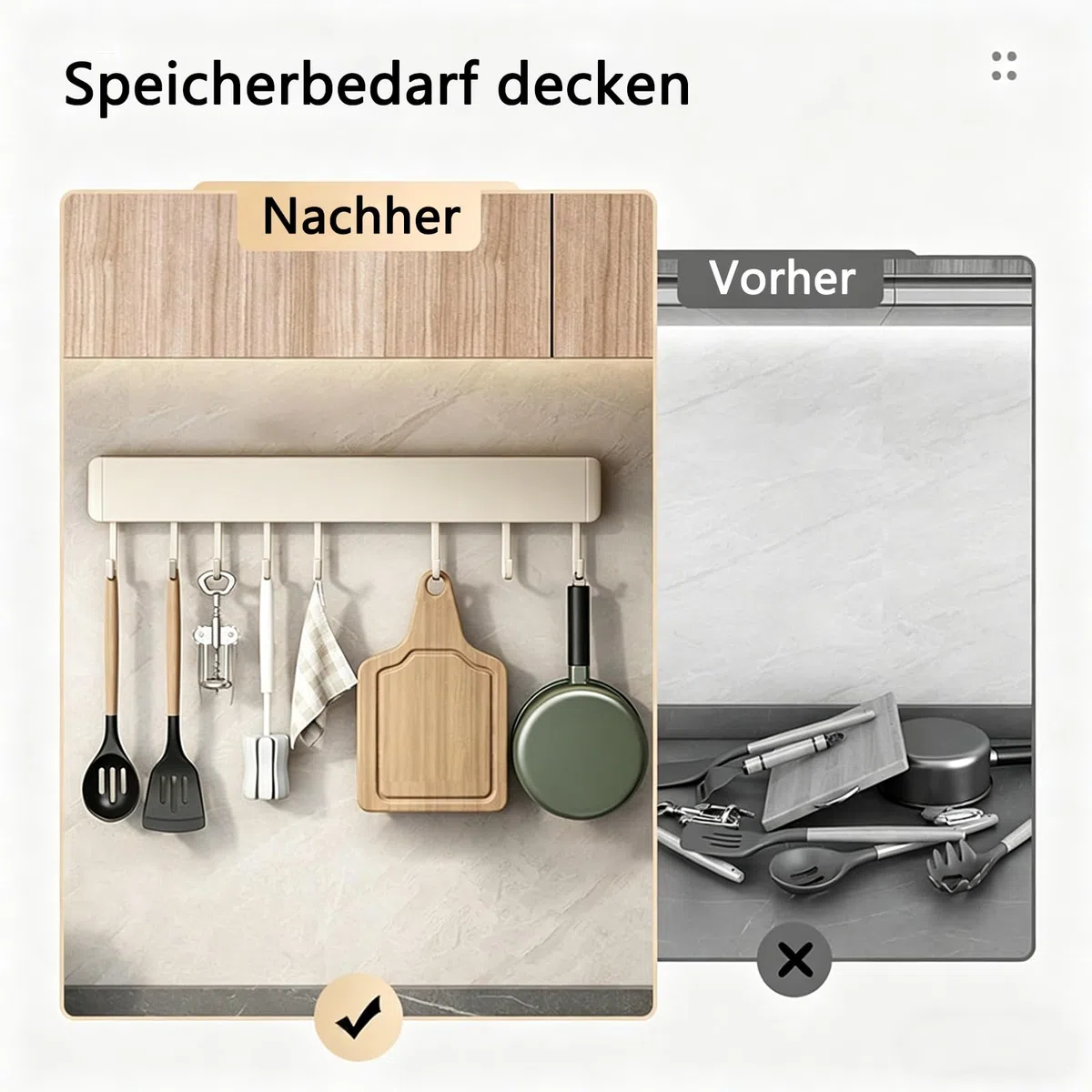 Hakenleiste Küche, 50 cm Hängestange Selbstklebend, Küchenstange mit 10 Beweglichen Haken, Küchenreling aus Aluminium Ohne Bohren, Hängeleiste für Löffel, Schaufel, Küchenutensilien