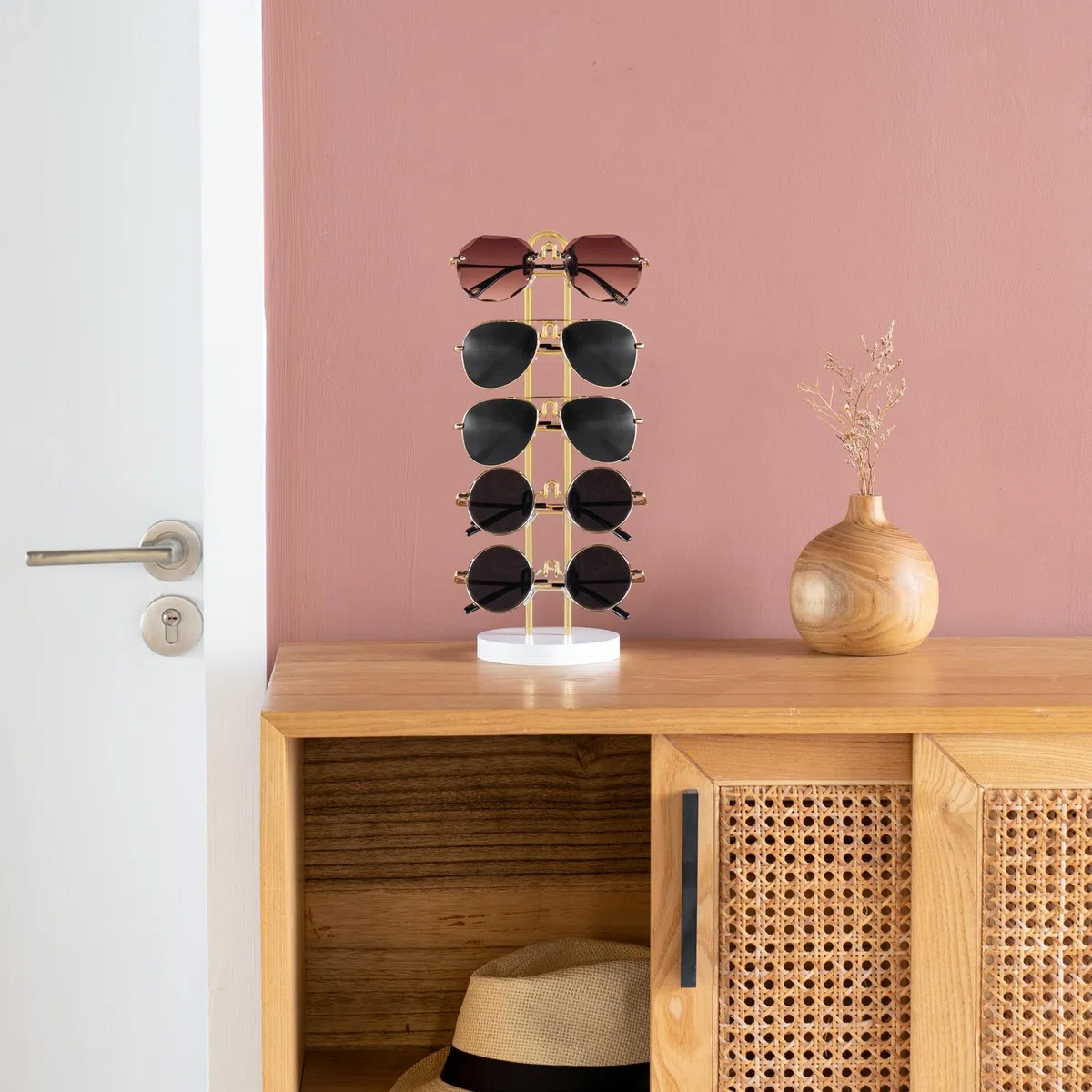 Mkono Sonnenbrillen-Organizer, Brillenhalter, Ständer, Sonnenbrillen-Aufbewahrung, Brillenregal, Metallrahmen mit Holzsockel, für 5 Paar Brillen-Display für Tisch, Schreibtisch, Dresser, Gold