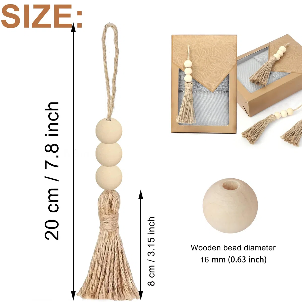20 Stück Juteseil Quasten mit 3 Holzperlen, Natürliche Holzperlen Girlande, Rustikale Bauernhaus Dekoration für Weihnachtsbaum, Tür, Fenster, Hochzeit, DIY Handwerk (Naturfarbe)