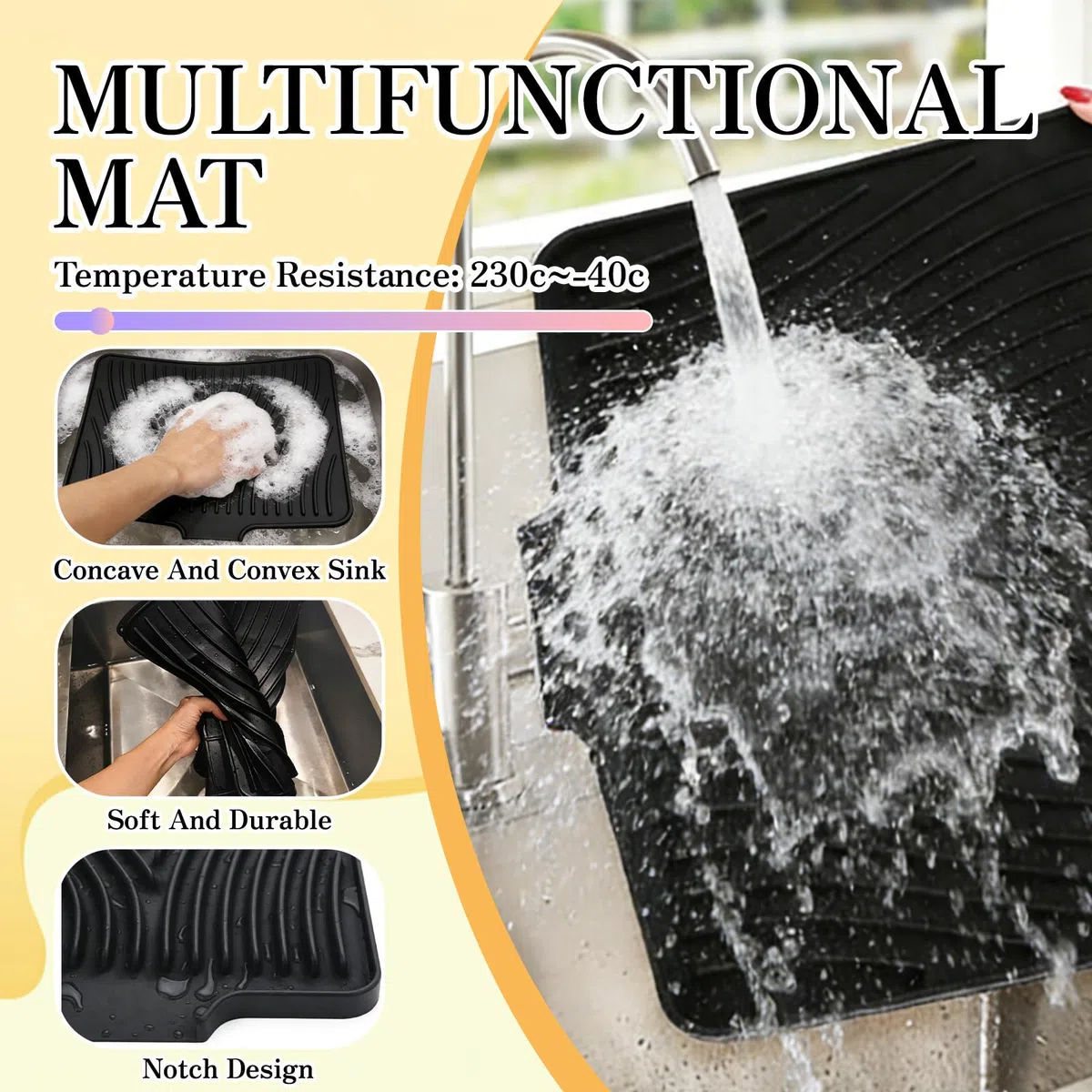 40*33*1.5cm Abtropfmatte aus Silikon, Abtropfmatte Spüle Geschirr, Hitzebeständig und Rutschfest, Geeignet für Küche, Spüle und Bestecklagerung, Spülmatte Abtropfunterlage, Schwarz