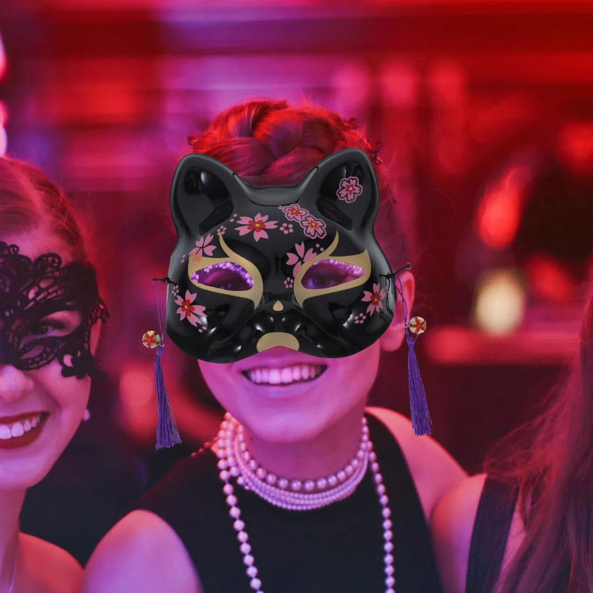 ULTECHNOVO Japanische Katzenmaske Cosplay Stilvolle Halloween Maske Handbemalt Mit Kirschblüten Motiv Weißer Und Schwarzer Katze Für Kostümpartys Maskerade