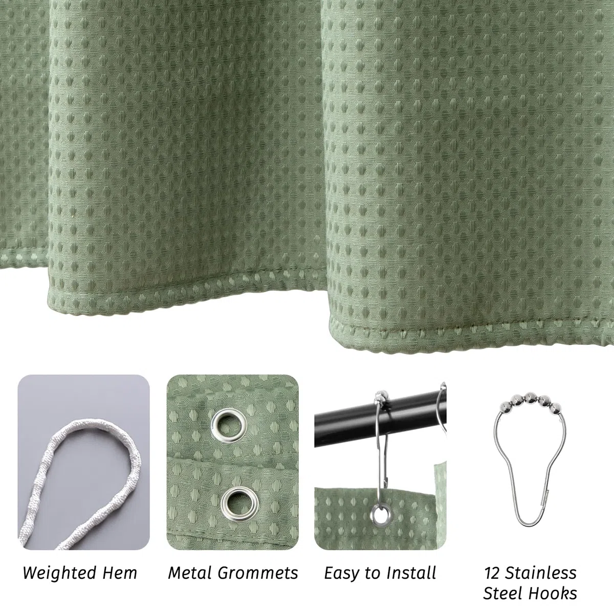 WELTRXE Waffel-Duschvorhang 180 x 200 cm, Anti-Schimmel-Duschvorhang-Set, wasserdichter Stoff-Badewannenvorhang mit 12 Edelstahlhaken, für Dusche und Badewanne, Salbeigrün