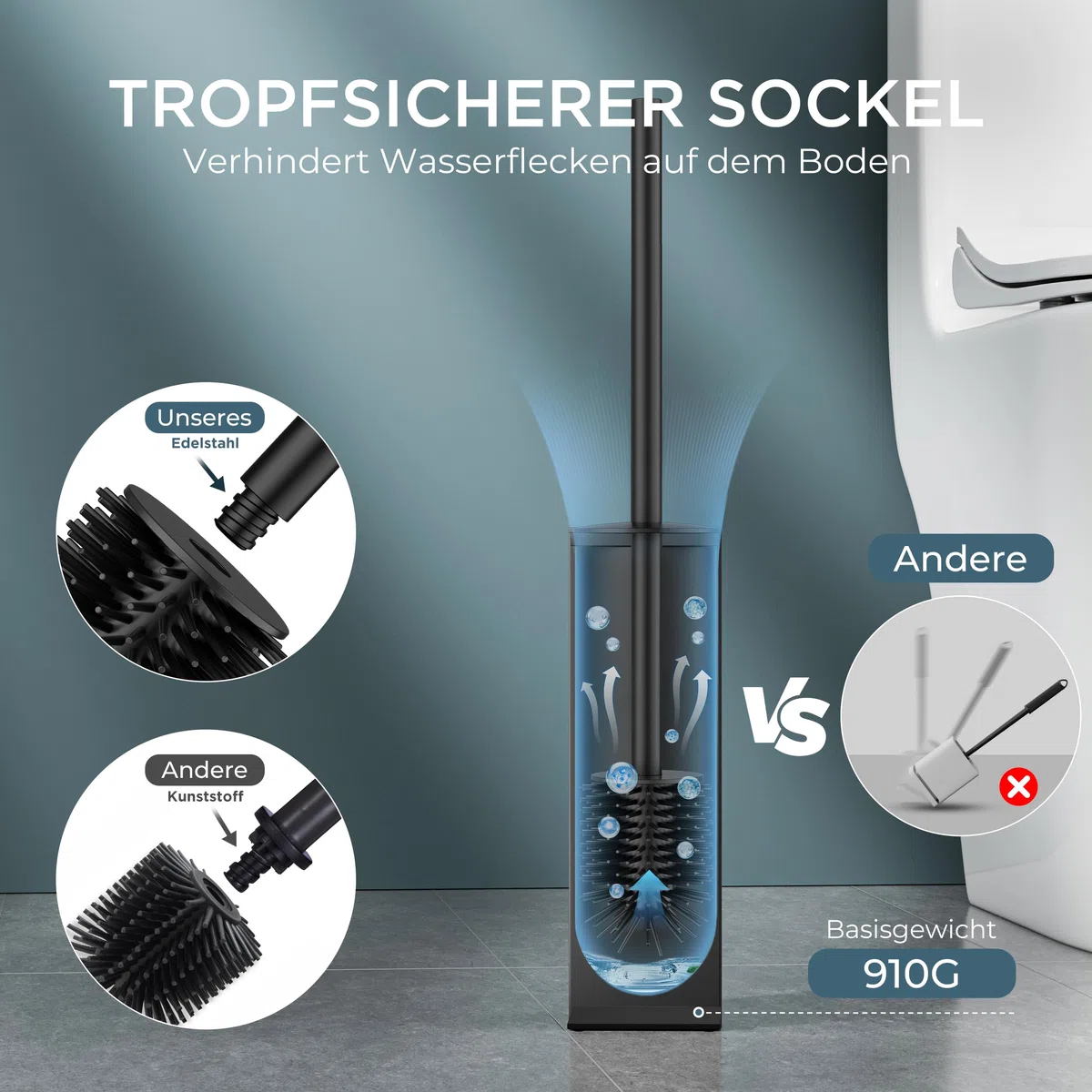 FORIOUS Silikon Toilettenbürste aus Edelstahl, 50 cm Extra Langer Griff, Anti-Spritz Design, Inkl. Ersatzkopf & Abnehmbarem Innenbecher – Saubere, Hygienische WC Bürste/Klobürste Schwarz für Bad
