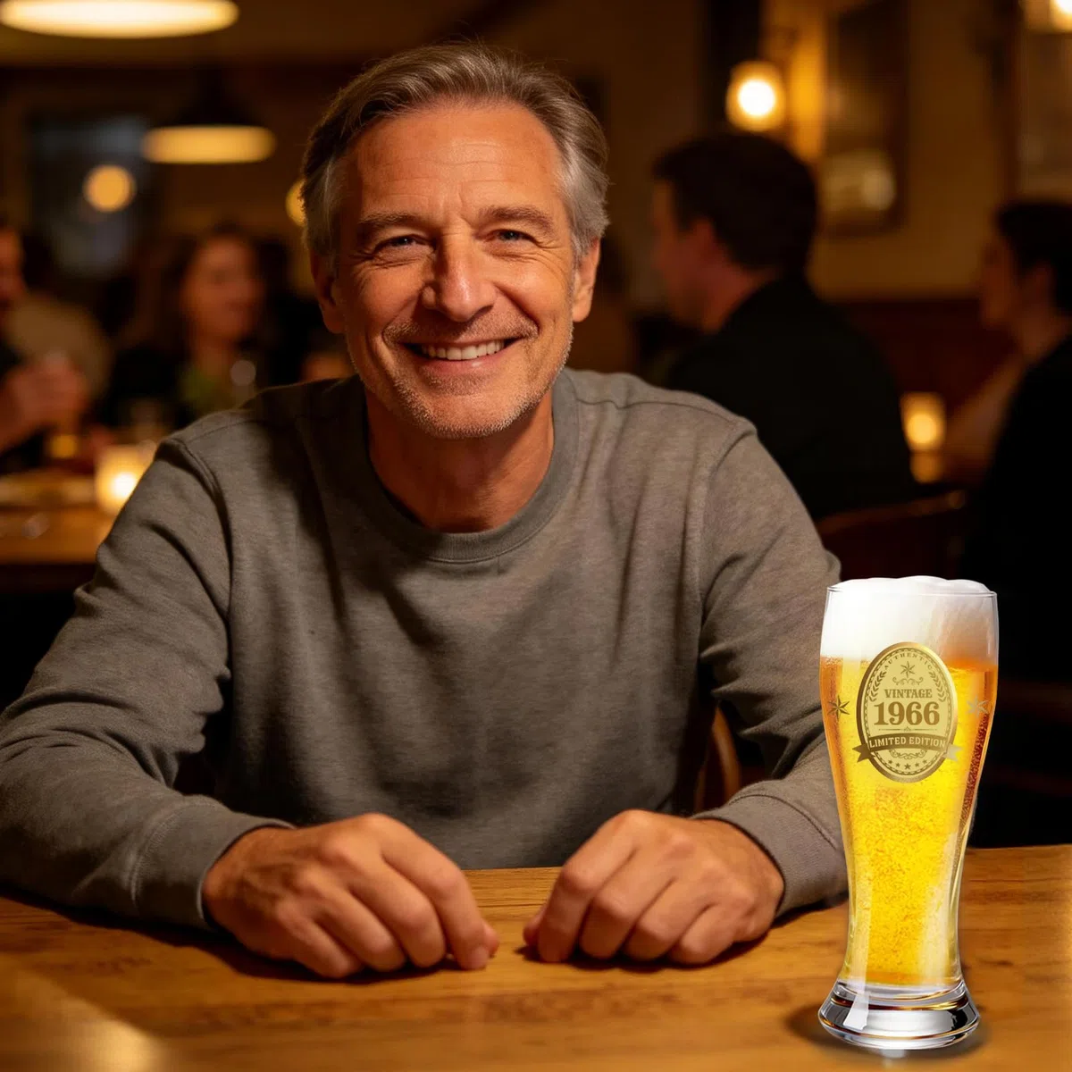60. Geburtstag für Männer, Vintage 1966 Geburtstagsgeschenke Männer, 60 Geldgeschenke Geburtstag Frau Mann, 1966 Bierglas Gravur mit Flaschenöffner, Holzkissen, Geschenkkarton, Grußkarten, 580ml