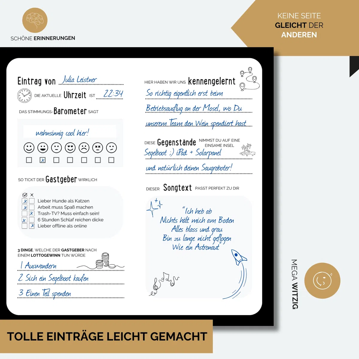 Gästebuch Geburtstag mit Fragen by snaPmee - Für 50 Einträge, jede Seite ist einzigartig - Edles Hardcover mit weißer Spiralbindung - Größe 21x21cm, 300 g/m² Papier (extra dick) inkl. 25 Fotoaufgaben