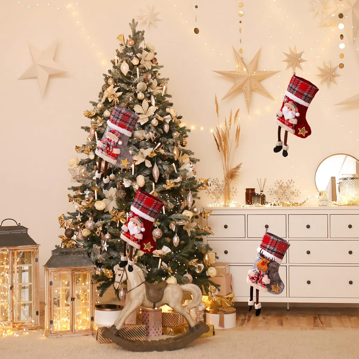 Nikolausstrumpf Kinder 3er Set, Klein Weihnachtsstrumpf Personalisiert Weihnachtssocken Kamin Nikolaus Socken Weihnachten Deko, Rot Grau Nikolausstiefel zum Befüllen Weihnachtsstrümpfe Weihnachtsdeko