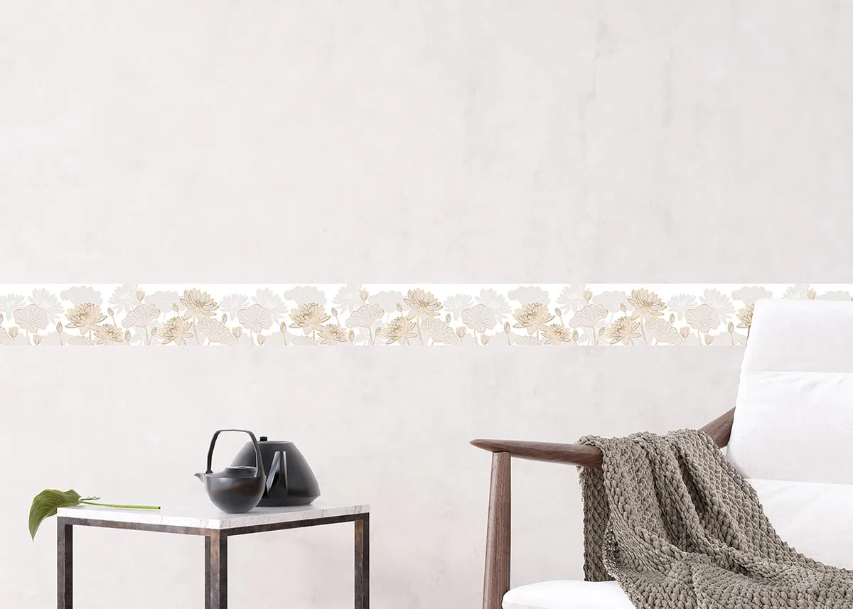 AG Design Selbstklebende Bordüre Goldene Blumen, AWB 8438 | Wasserfest Dekoration für Wände, Möbel, Tapeten, Wandverkleidungen und Türen, Folie, Mehrfarbig | Breite 500 cm x Höhe 13.8 cm