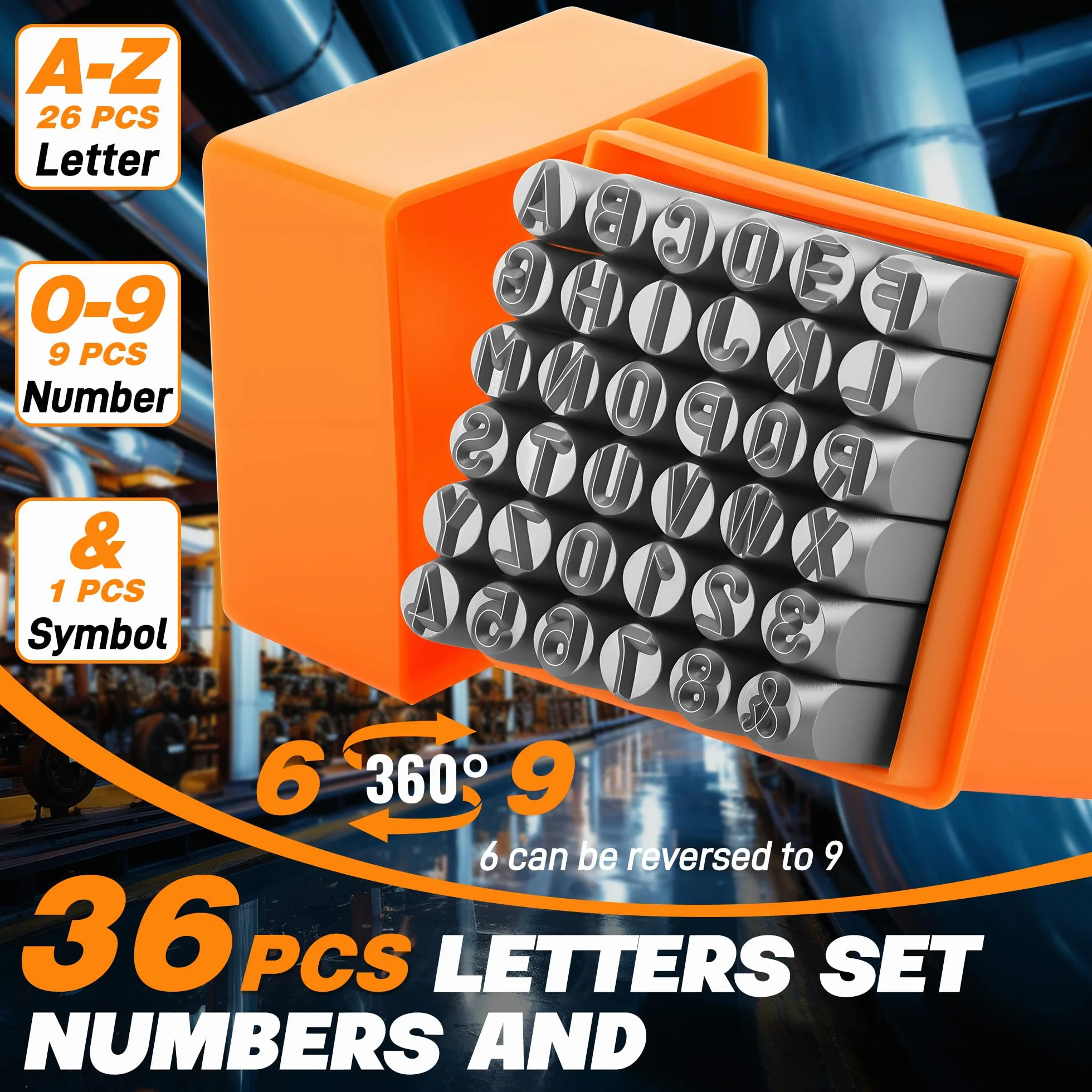 Starvortex 36 Stück Schlagzahlen 6mm, Langlebig Kohlenstoffstahl Schlagbuchstaben, Zahlen und Symbole Metallstempel (A-Z, 0-9, &)，Metallbuchstaben Prägestempel für Holz Kunststoff Leder