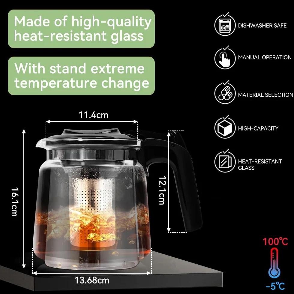 Teekanne Glas 1,5 Liter Glaskanne Hitzebeständig mit Edelstahl Siebeinsatz Glasteekanne Teebereiter mit Deckel Kaffeekanne Wasserkanne Teapot Tea Maker für Grüntee Schwarztee Kräutertee