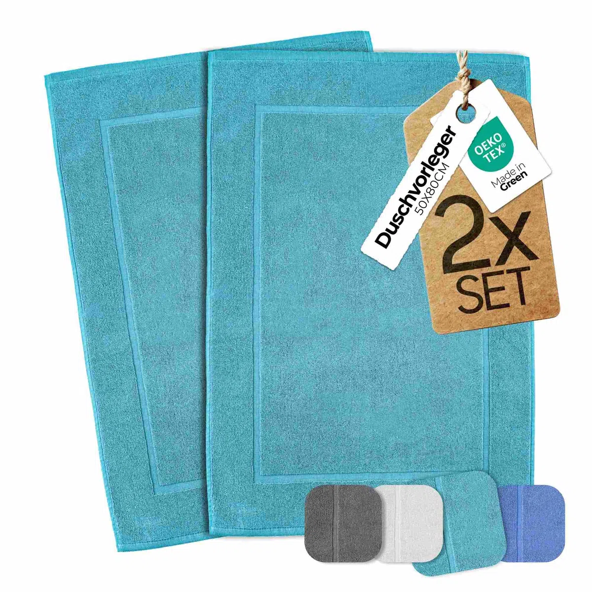 etérea Duschvorleger Frottee - 2er Set - 100% Baumwolle - Carli Classic Badezimmerteppich - Badematte schnelltrocknend - Bathroom Mat Badvorleger Waschbar - 850 GSM Badteppich 50x80 cm -Türkis