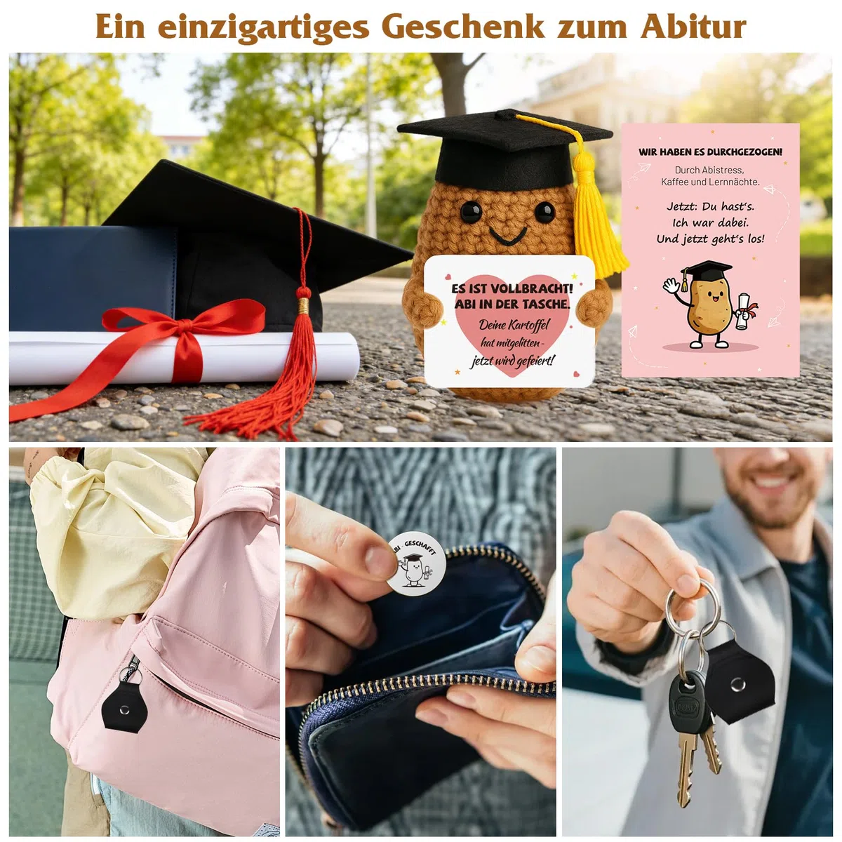 Abitur Geschenke 2026 - Positive Kartoffel, Pocket Hug Strickwolle Glückskartoffel mit ABI Glücksbringer Prüfung & Grußkarte, Abitur 2026 Geschenke für Mitschüler und Freunde
