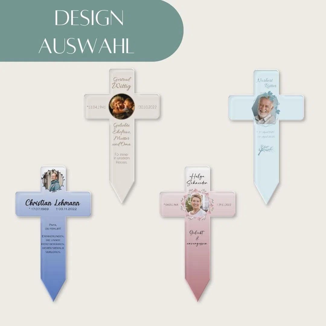 CHRISCK design Personalisiertes Grabkreuz mit vielen verschiedenen Designs - ideal als Andenken oder für den Friedhof - 3 Größen bis 22x40 cm