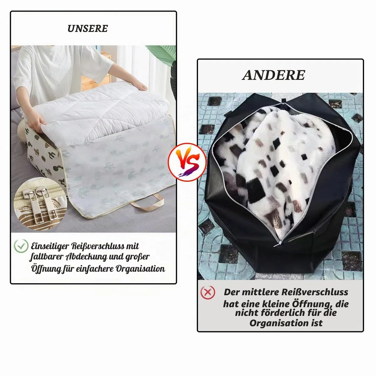105L Aufbewahrungstasche Groß, Wasserdichte Faltbare Aufbewahrung Taschen Unterbett Organizer Kleideraufbewahrung Umzugstasche mit Reißverschluss für Bettdecken, Kissen und Kleidung (2 Stück)