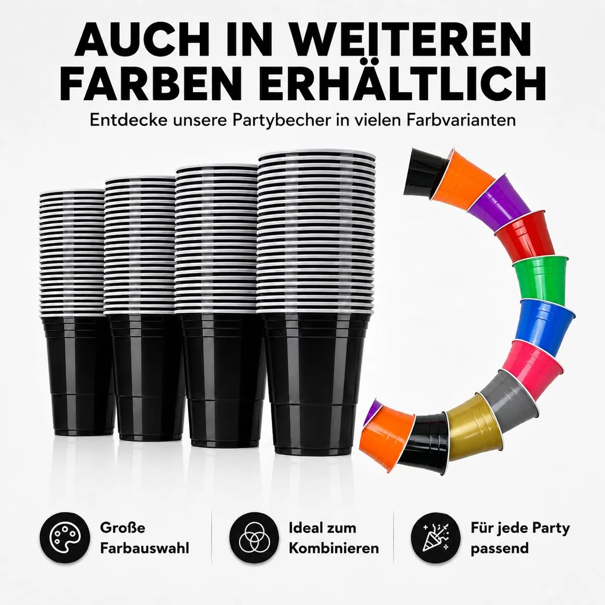 100 Partybecher schwarz | Wiederverwendbare Plastikbecher 12 cm | Lebensmittelechte Becher im 2x 50er Pack | Beerpong Becher für Festival, JGA, Gartenparty, Geburtstag & Trinkspiele