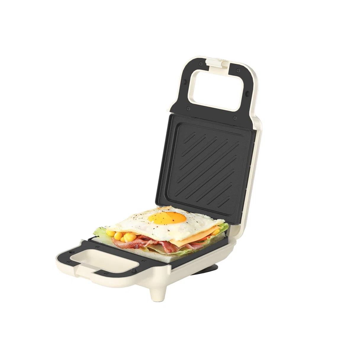 SIMPLUS Sandwichmaker Klein für Knusprige Dreiecks, Sandwichtoaster, 650W, Antihaftbeschichtete Platten, Schnell Aufheizend, Überlaufschutz, Wärmeisolierter Griff, BPA-frei, Cremeweiß