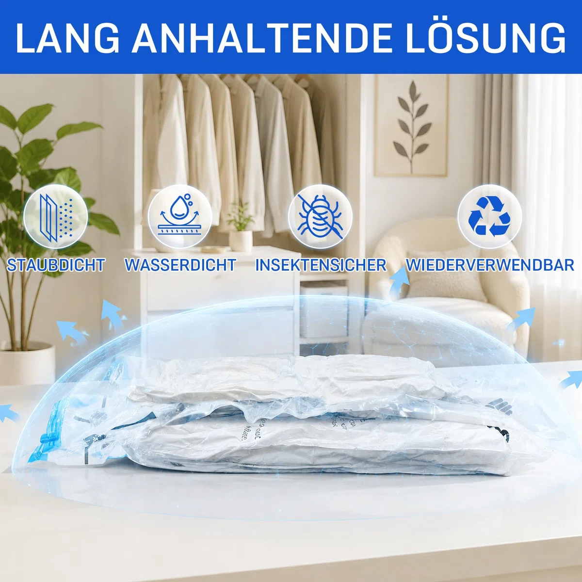 Captainfive Vakuumbeutel für Kleidung und Bettdecken, 12 Stück Vakuumierbeutel 3 Größen ((4*100x80cm + 4*80x61cm + 4*60x41cm), Vacuum Bags for Clothing mit 1 Handpumpe, Aufbewahrungsbeutel