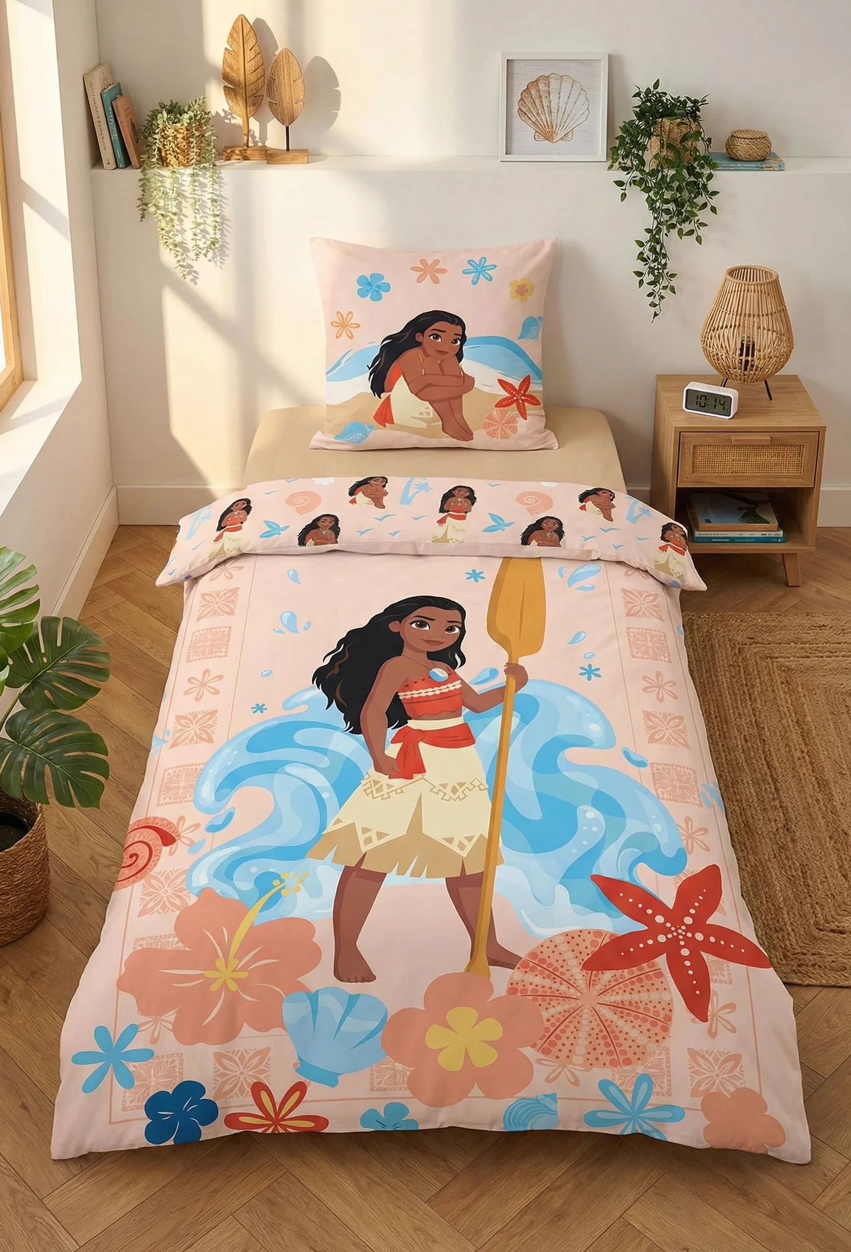 Vaiana Kinderbettwäsche 140x200 + Kissenbezug 65x65 100% Baumwolle Knöpfe | Wendebettwäsche Einzelbett | Naturbaumwolle atmungsaktiv Oeko-Tex | Disney | Mädchen | Knopfverschluss | Maschinenwaschbar