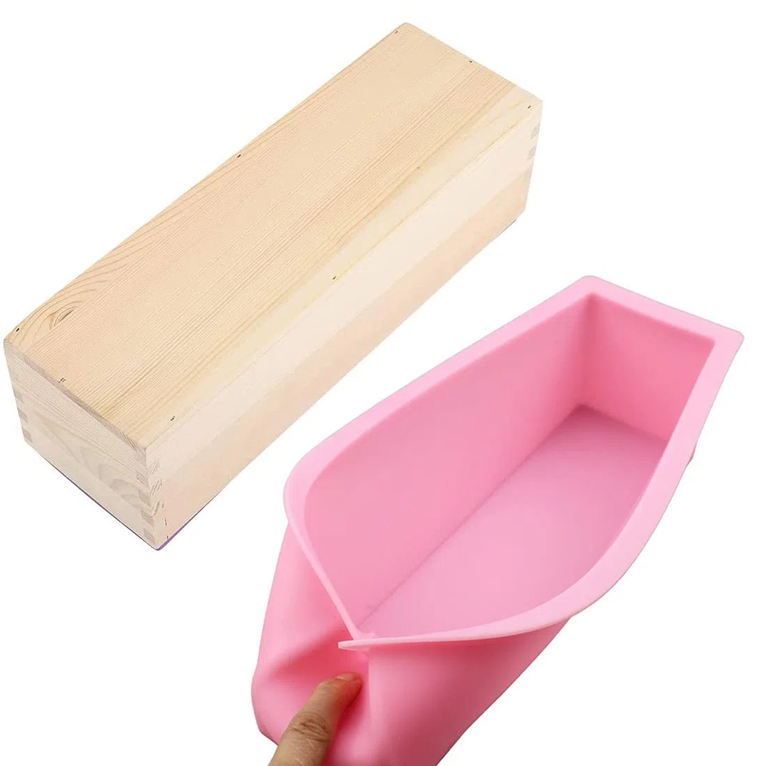 DIY Seifen Silikonform Set, Seifenform mit Holzbox, 1200 ML Seifenform Holz Seifenherstellung Form Handgemachte Seifen Silikonform Backform Rechteckig Silikon Seifenform mit Holzbox