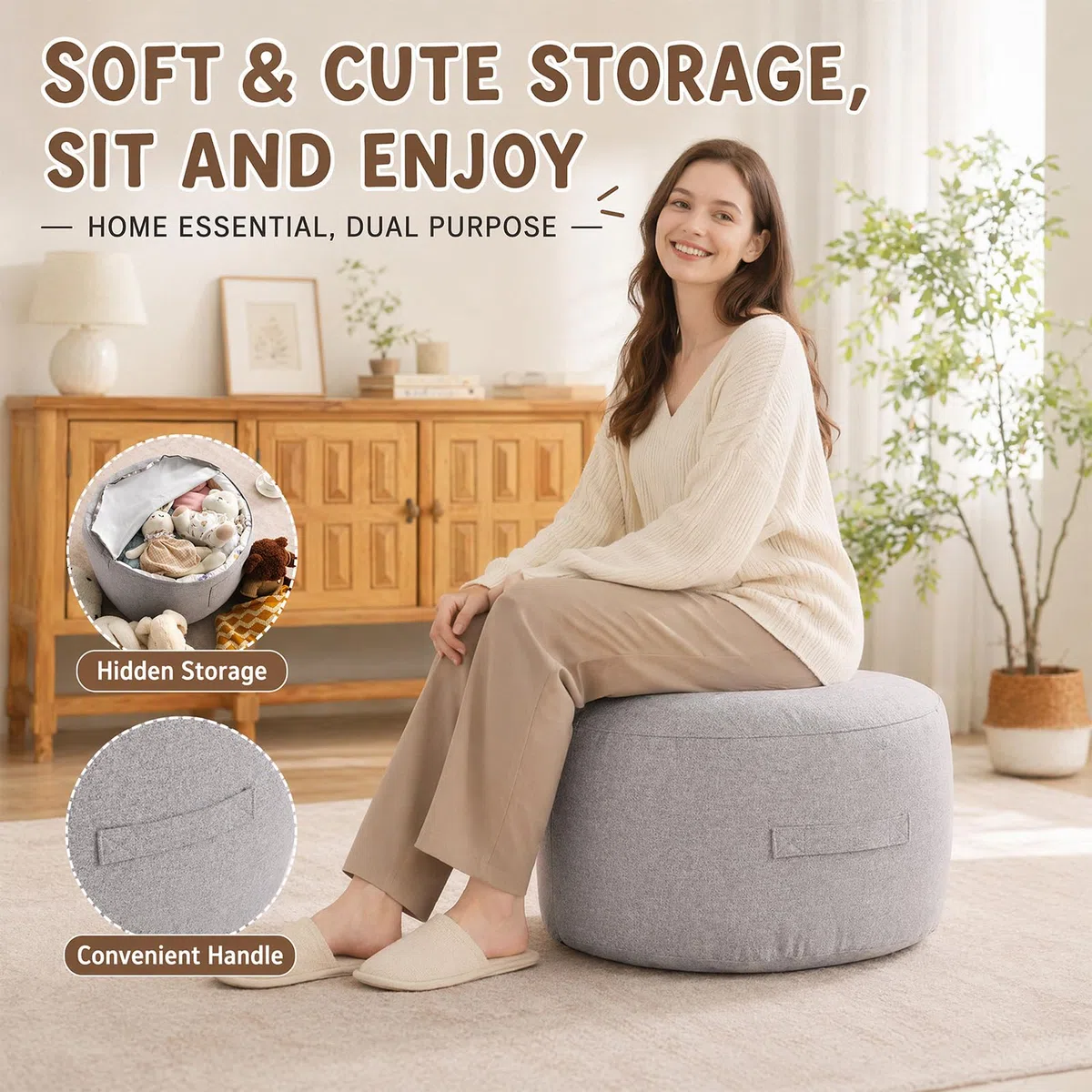 Kuscheltier Aufbewahrungssack Sitzsack - Leerer Bezug mit Reißverschluss - Weicher Spielzeug Organizer für Plüschtiere & Decken - Gemütliches Sitzkissen für Kinderzimmer (Hellgrau)
