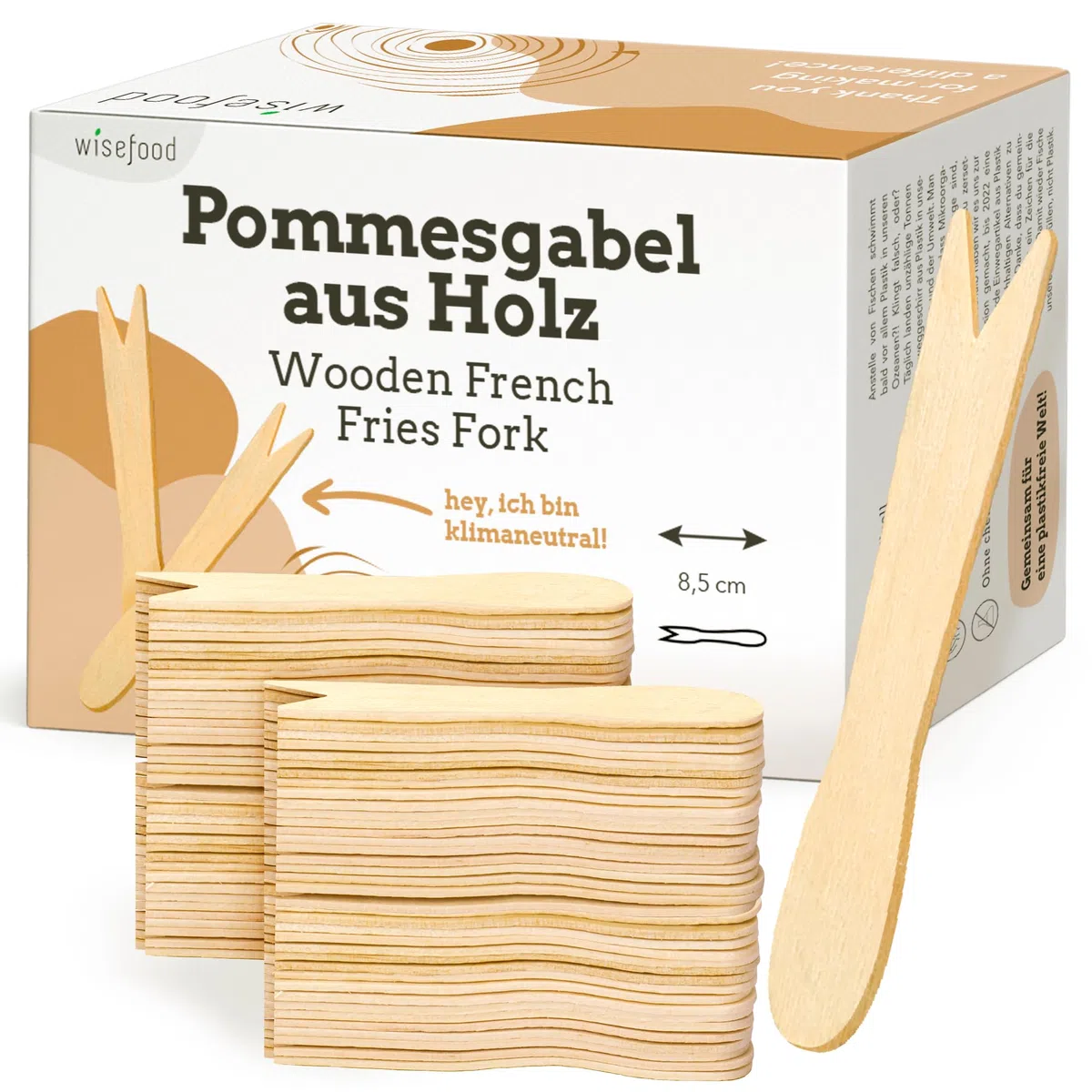 wisefood Früchtegabel Pommesgabel aus Holz 8,5 cm - 1.000 Stück Einweg Besteck - Einwegbesteck - Holzbesteck - biologisch abbaubar - natürlich, stabil, umweltfreundlich