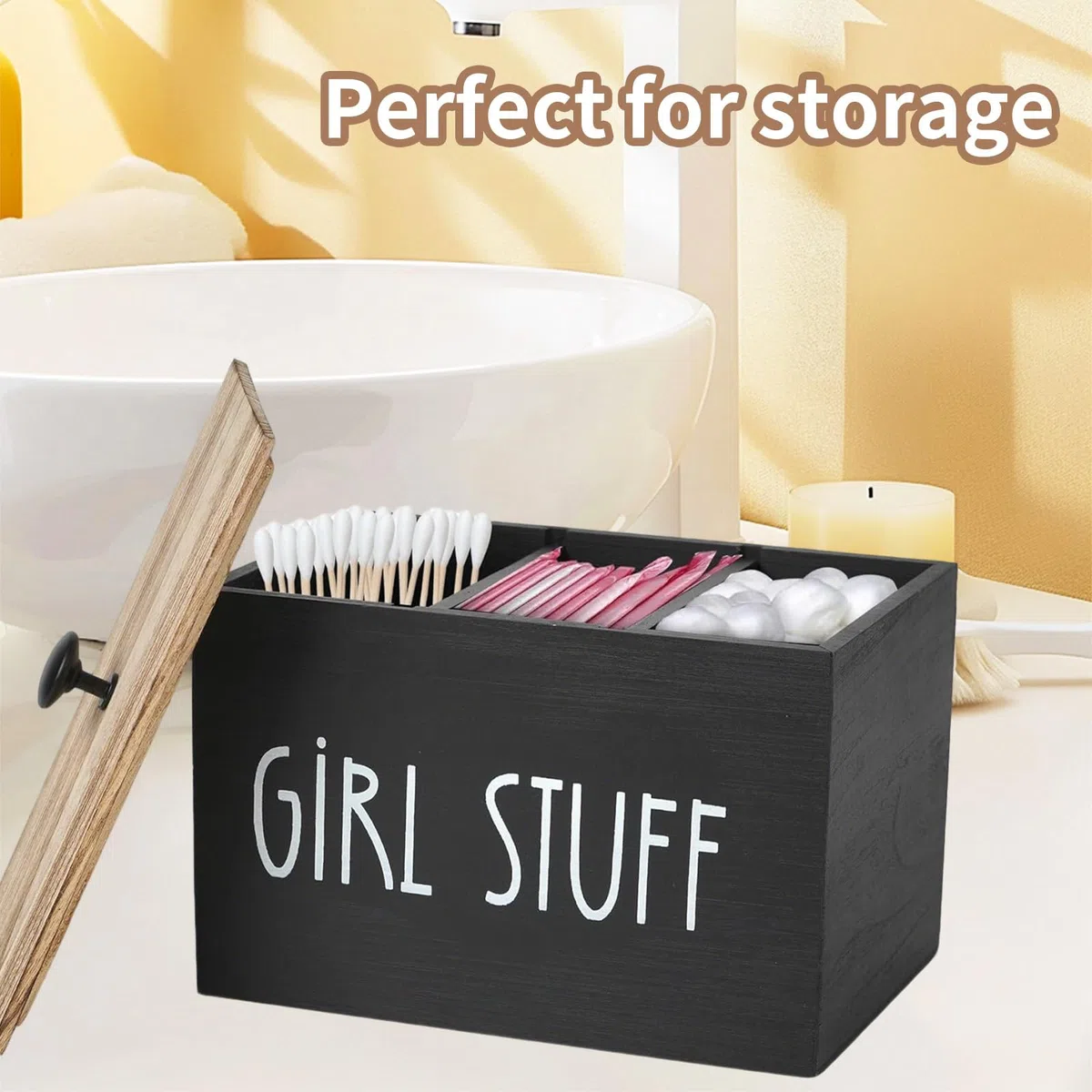 Binden Aufbewahrung Badezimmer, 1 Stück Tampon Aufbewahrungsbox Tamponhalter für Badezimmer mit Deckel Holz Aufbewahrungsbox Hygieneartikel Tampon Aufbewahrungsblock Organizer Schwarz für Frauen