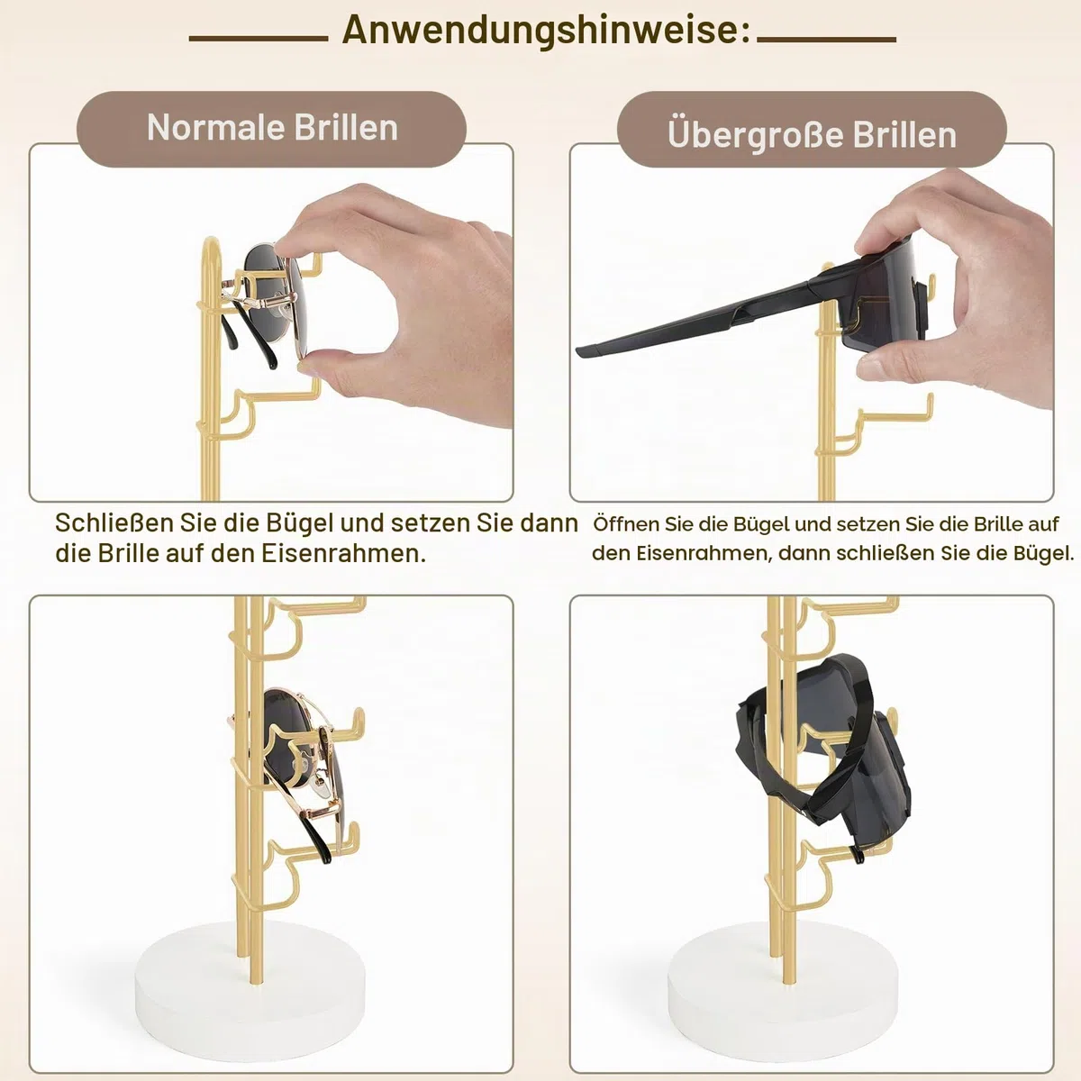 Mkono Sonnenbrillen-Organizer, Brillenhalter, Ständer, Sonnenbrillen-Aufbewahrung, Brillenregal, Metallrahmen mit Holzsockel, für 5 Paar Brillen-Display für Tisch, Schreibtisch, Dresser, Gold