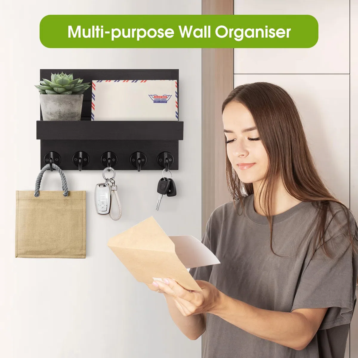 Schlüsselbrett mit Ablage, Dekoratives Holz Wandregal, Schlüsselbrett Holz Schwarz, mit 5 Schlüsselhaken, für Eingang, Flur, Schlafzimmer, Wohnzimmer
