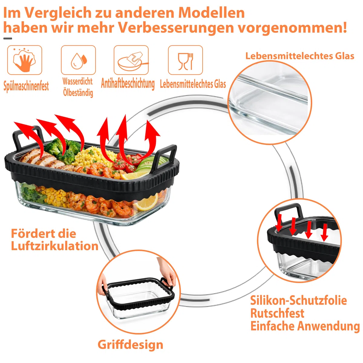 Auflaufform Airfryer für COSORI Heißluftfritteuse 2 Kammern/Ninja Heißluftfritteuse AF400EU/SL400EU/AF500EU/, Glas Airfryer Zubehör, BPA-frei, Herausnehmbarer Silikonring (Schwarz)