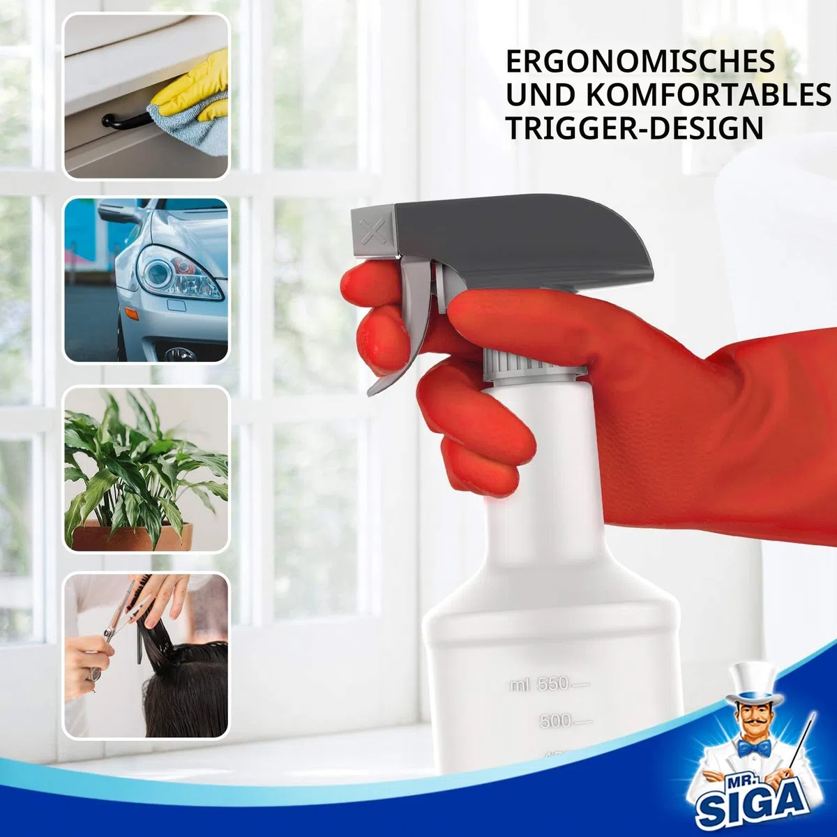 MR.SIGA 710 ml leere Kunststoff-Sprühflaschen für Reinigungsmittel, strapazierfähige, wiederverwendbare Sprühflaschen für den Haushalt mit Maßangaben und einstellbarer, auslaufsicherer Düse, 3er-Pack