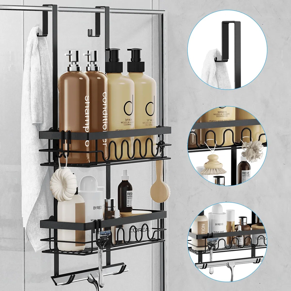 Duschablage ohne Bohren, Duschablage zum Hängen für Duschwand, Duschregal ohne Bohren mit 2 Duschkörben, Duschregal zum Hängen Shampoo Halterung für Dusche Schwarz
