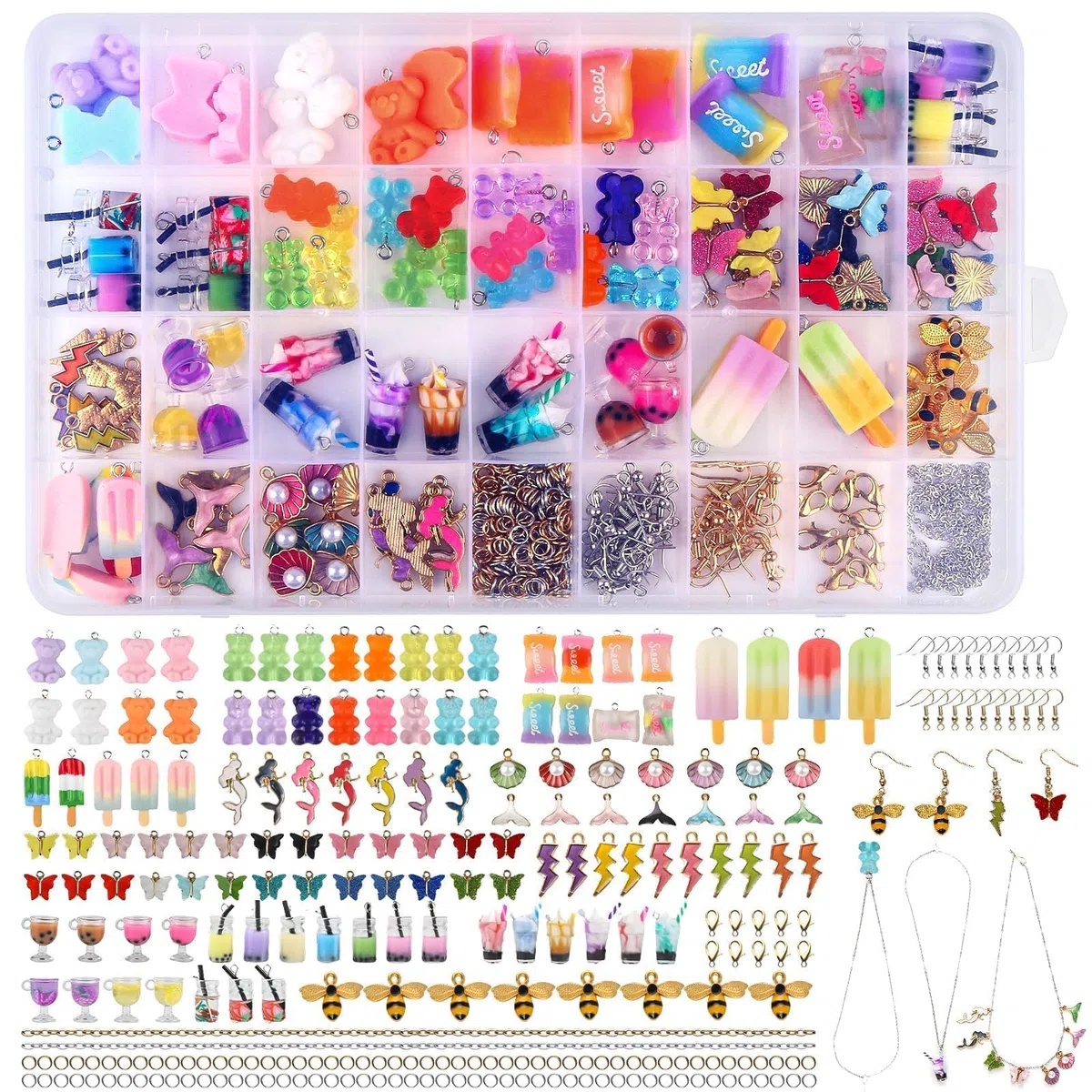 207 Stück Charms Anhänger Set, Schmuck Selber Machen Sets mit Aufbewahrungsbox, Ohrringe Selber Machen Set Bubble Tea Schmetterling Bär, Geschenke für Mädchen für DIY Armband Halsketten Schmuck