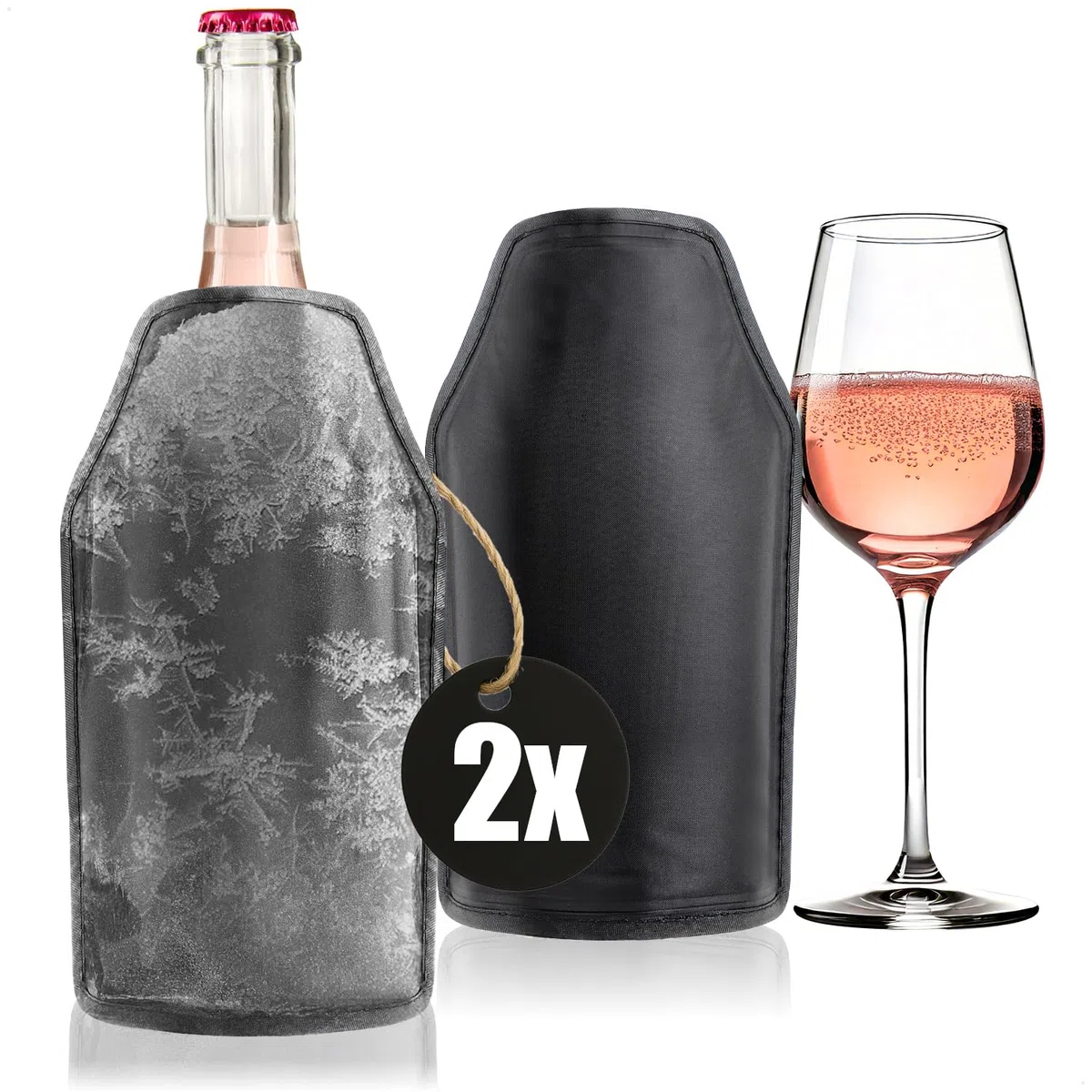 2x Flaschenkühler für unterwegs - Sektkühler Manschette mit Gummiband - Kühlmanschette für Sekt, Wein, Bier und Softdrinks (Schwarz - 2 Stück)