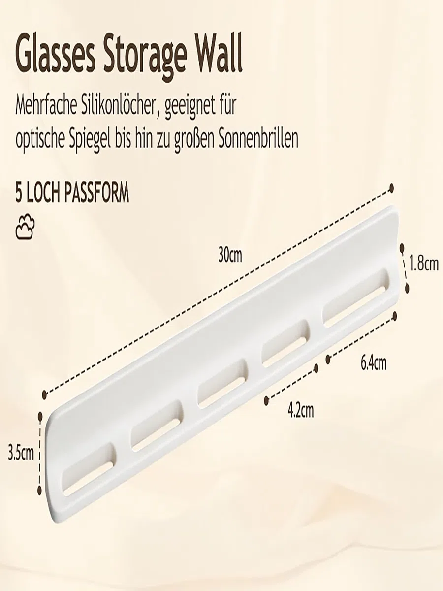 2 Stück Brillenhalter Wand, Brillenablage Wand, Brillenständer | 5 Loch Sonnenbrillen Organizer, Silikon Passform, für Brillenaufbewahrung, 30×1,8×3,5cm, Weiß