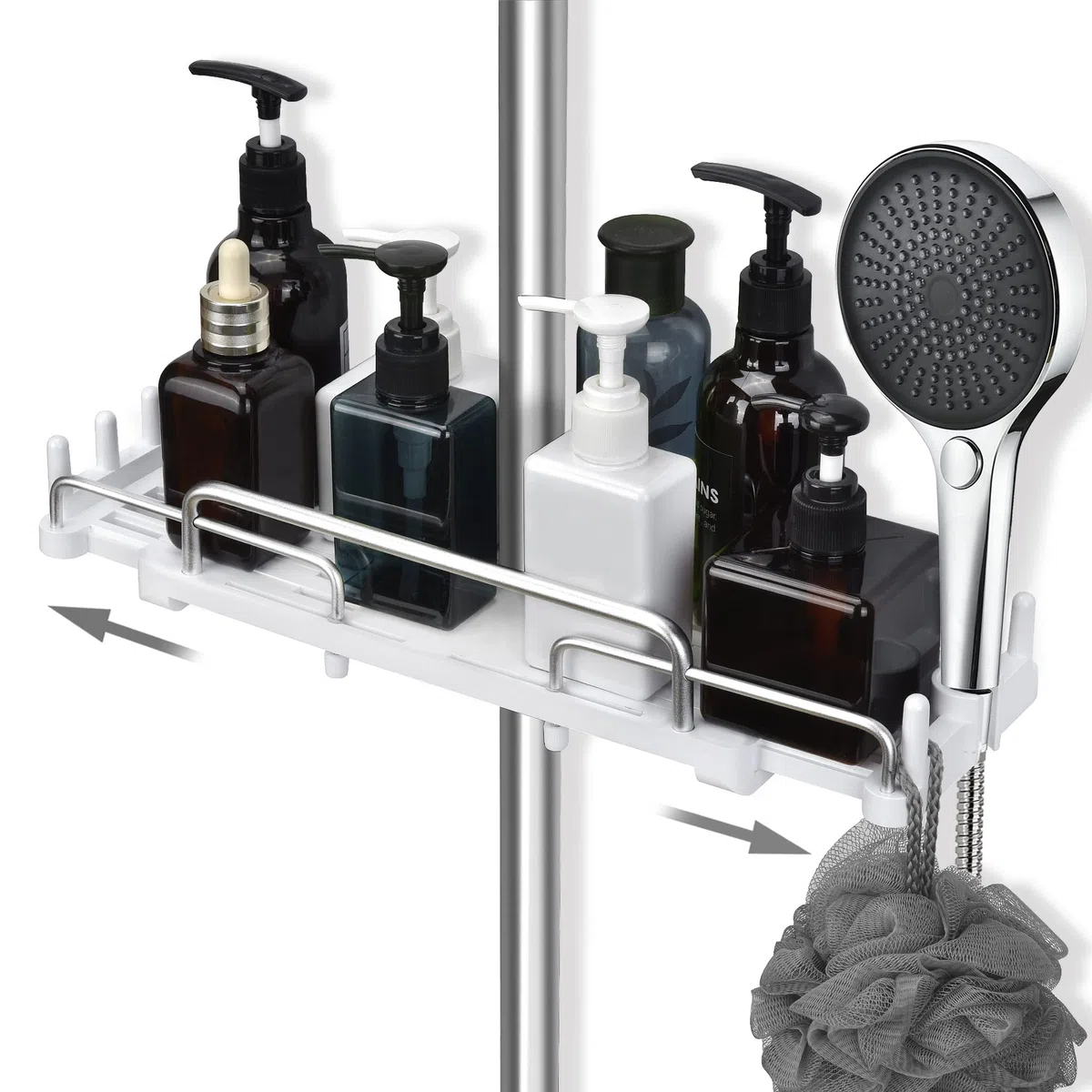 Duschablage Ohne Bohren Teleskopisch 32-48cm, Duschablage zum hängen Badezimmer Organizer, Duschregal Ohne Bohren, Duschstangen-Aufbewahrungsregal für 18 mm-25 mm Duschstange (Weiß)