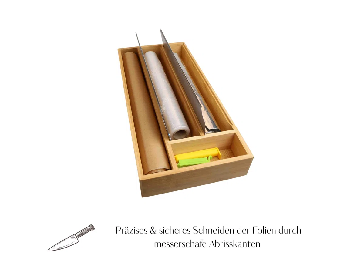 MOON HOME Folienspender mit 4 Fächern, Alufolie, Frischhaltefolie & Backpapier, aus Bambus/Holz, Edelstahl-Schneideklinge, Folienschneider Küche, Folienspender Schublade, 42 x 19 x 5,4 cm